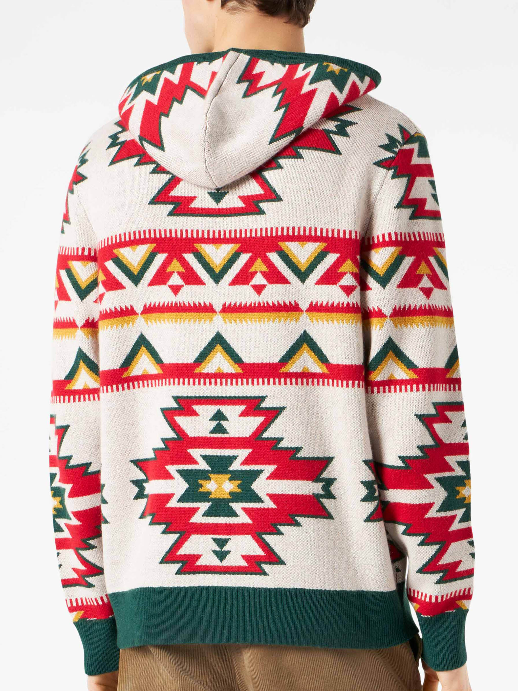 Man Hooded Knit With Ethnic Pattern White Knitwear