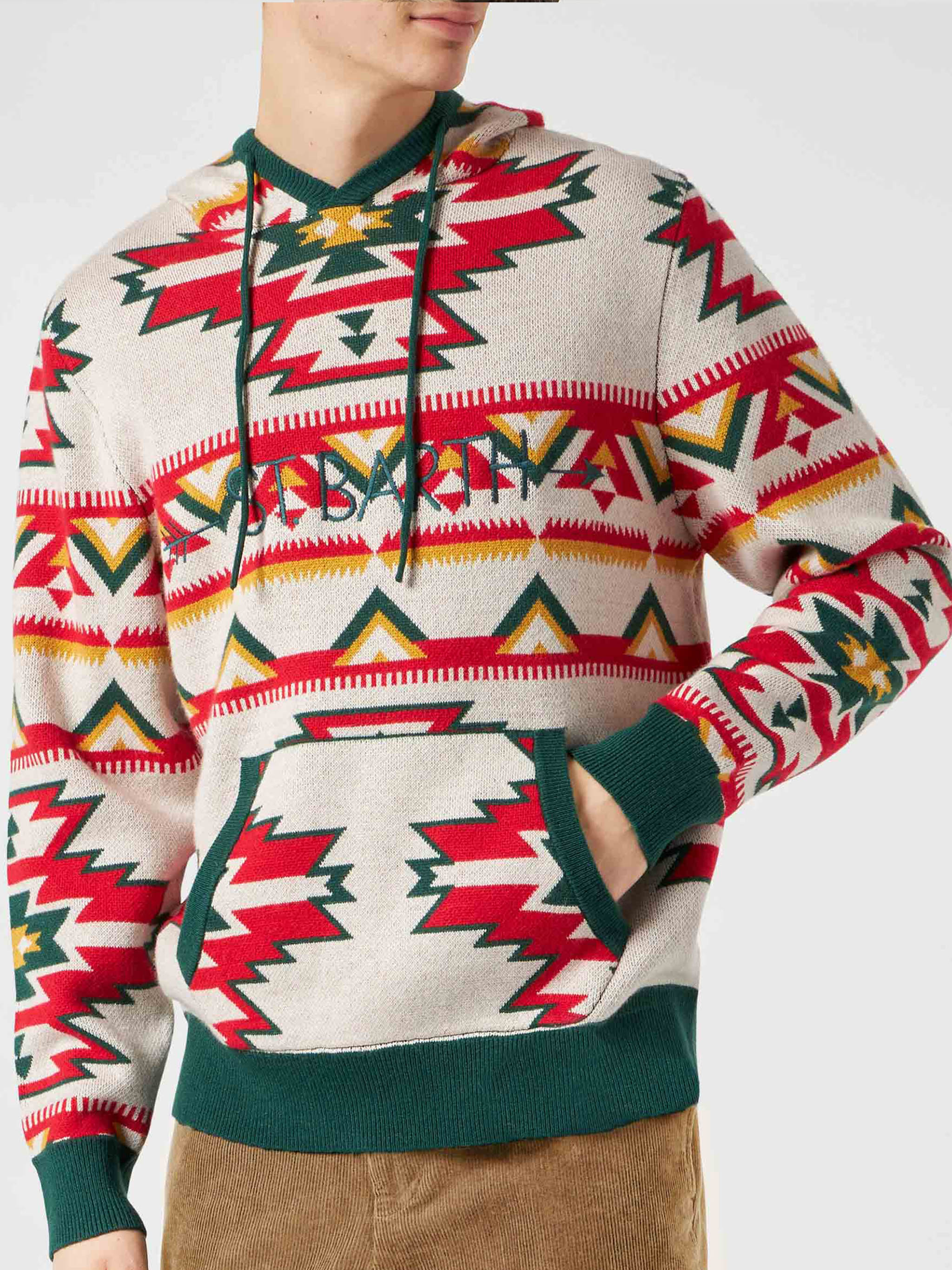 Man Hooded Knit With Ethnic Pattern White Knitwear