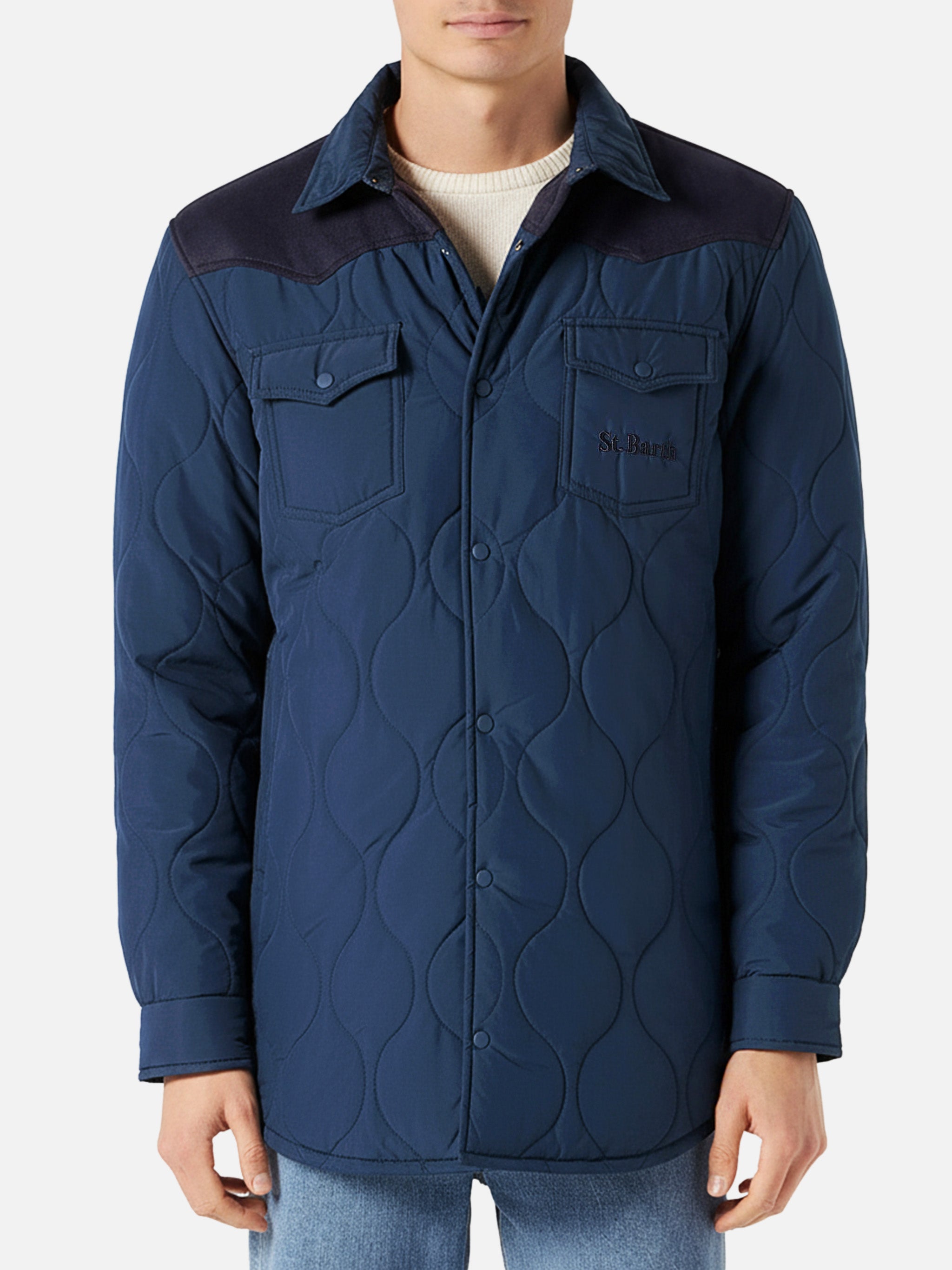 Man Navy Blue Padded Overshirt With Patch Pockets Jacket