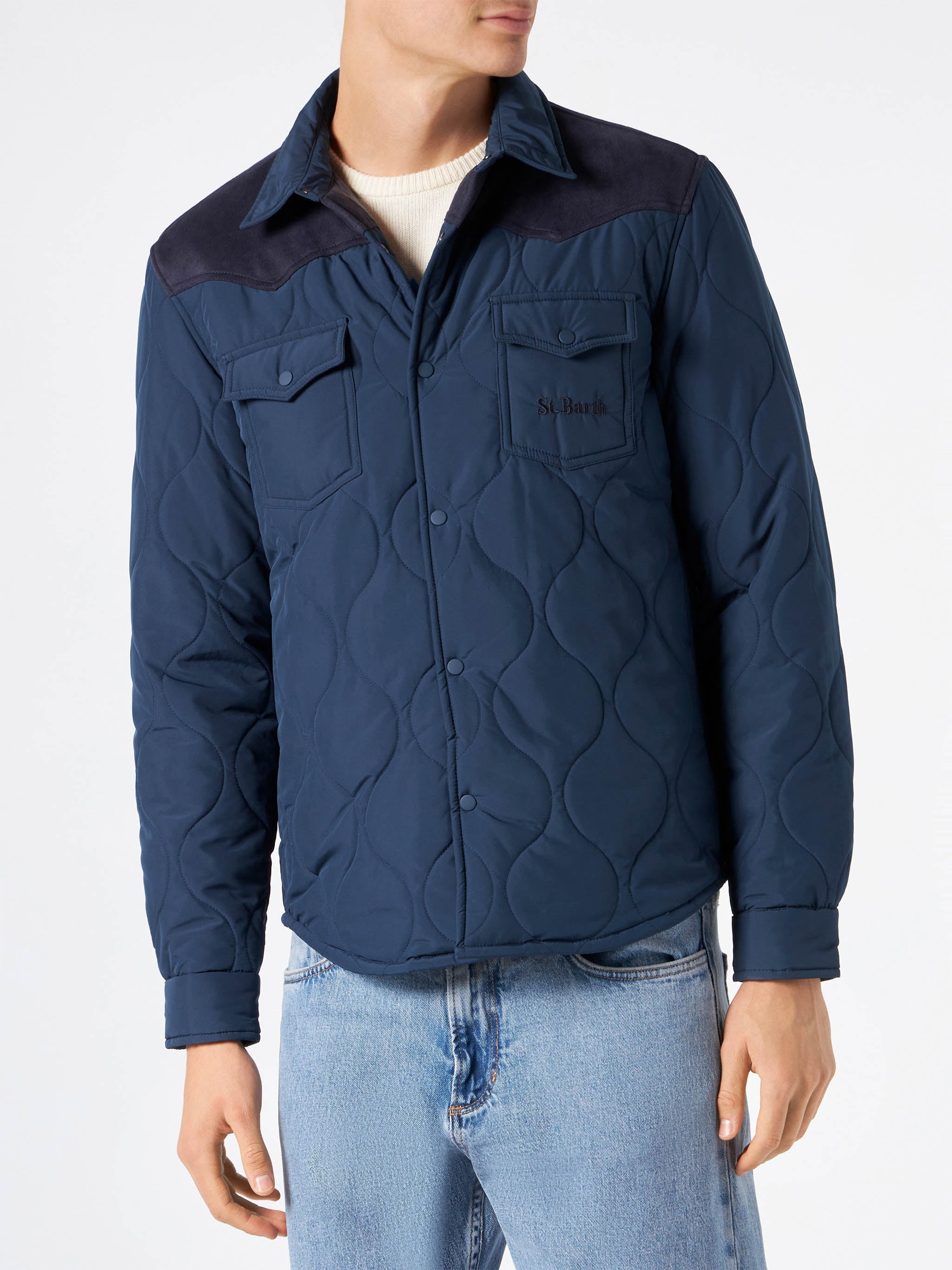 Man Navy Blue Padded Overshirt With Patch Pockets Jacket