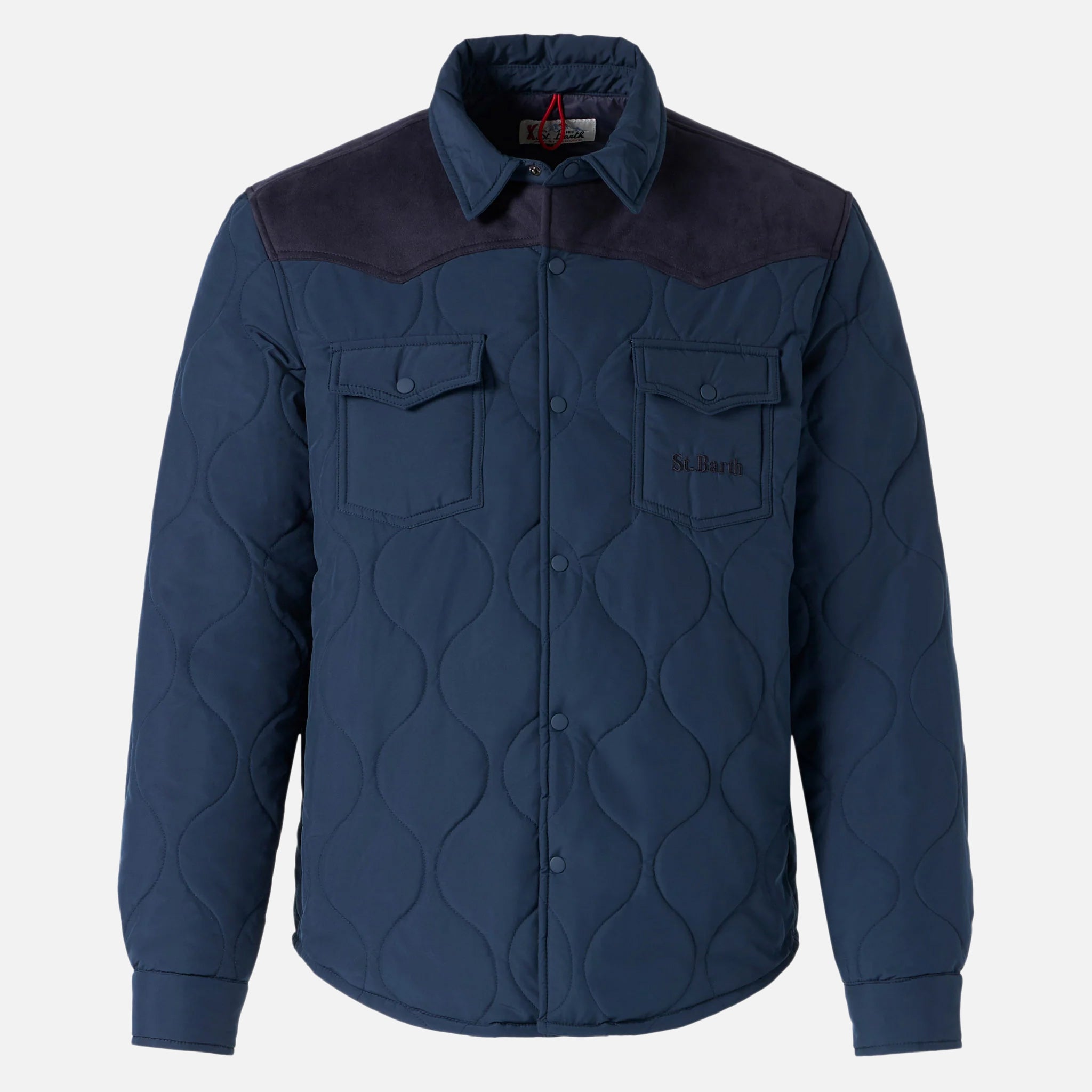 Man Navy Blue Padded Overshirt With Patch Pockets Jacket