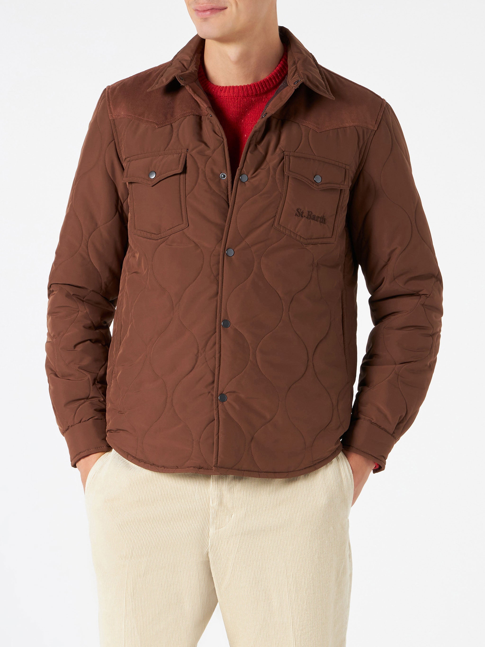 Man Brown Padded Overshirt With Patch Pockets Jacket
