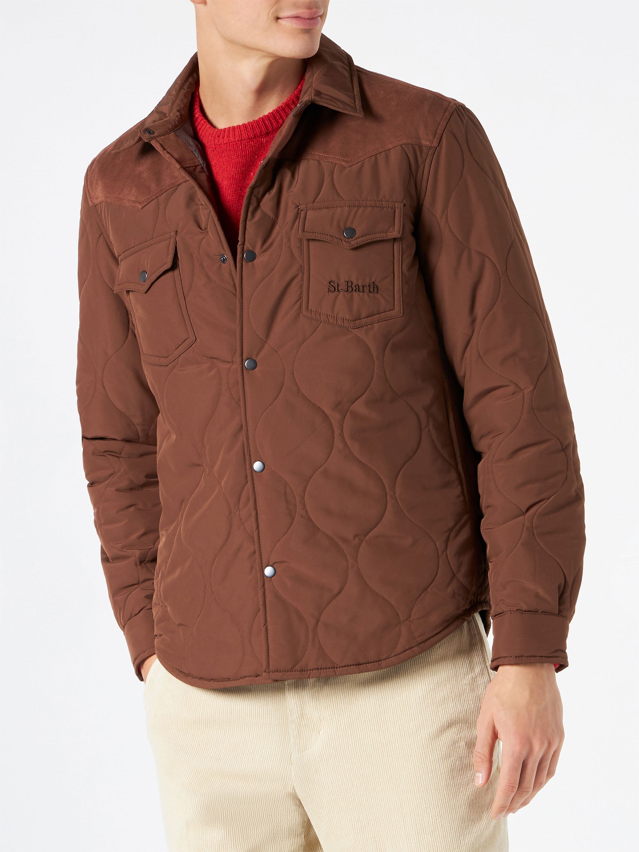 Man Brown Padded Overshirt With Patch Pockets Jacket