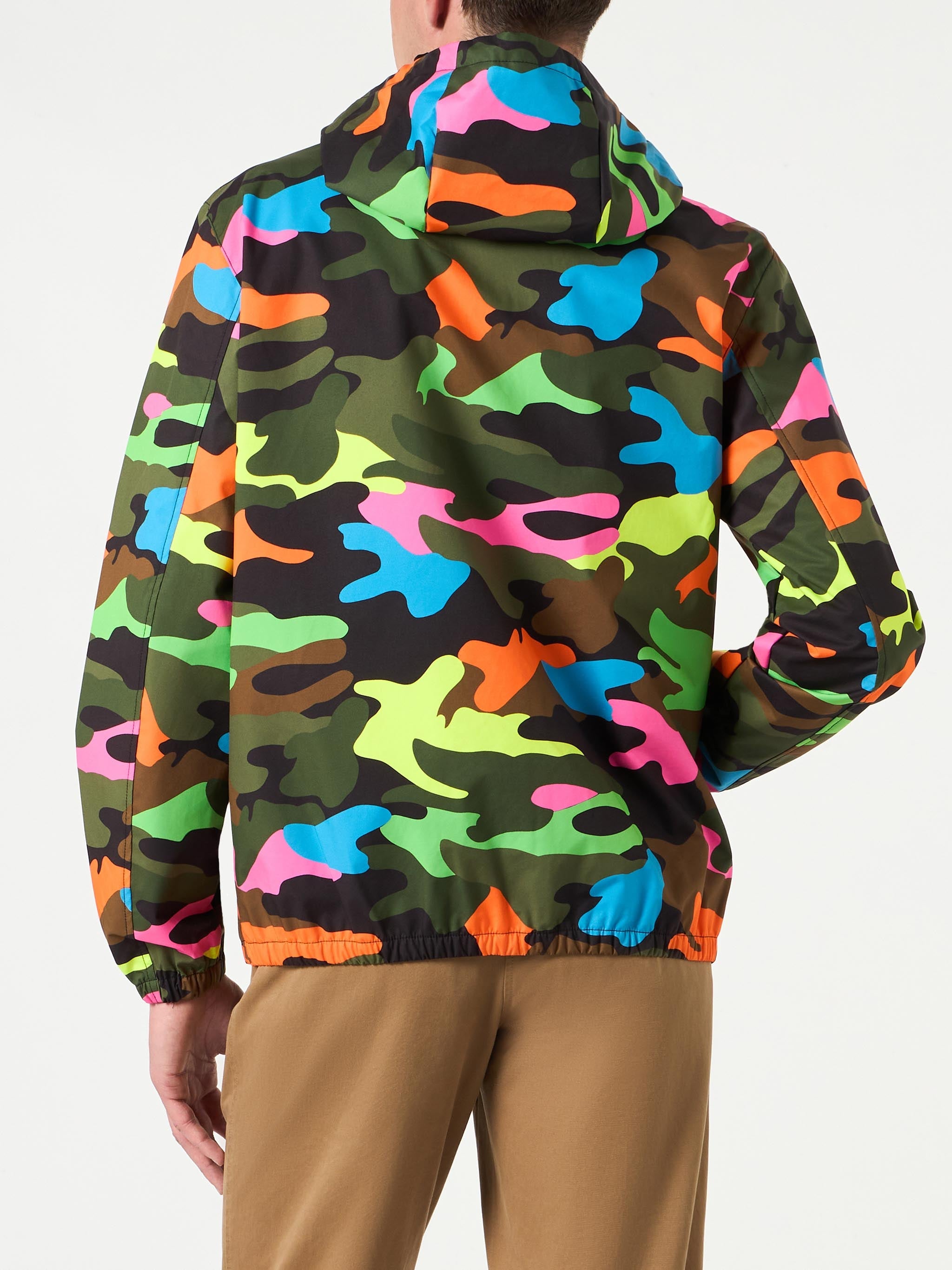 Man Hooded Lightweight Windbreaker With Camouflage Print Fluo Jacket