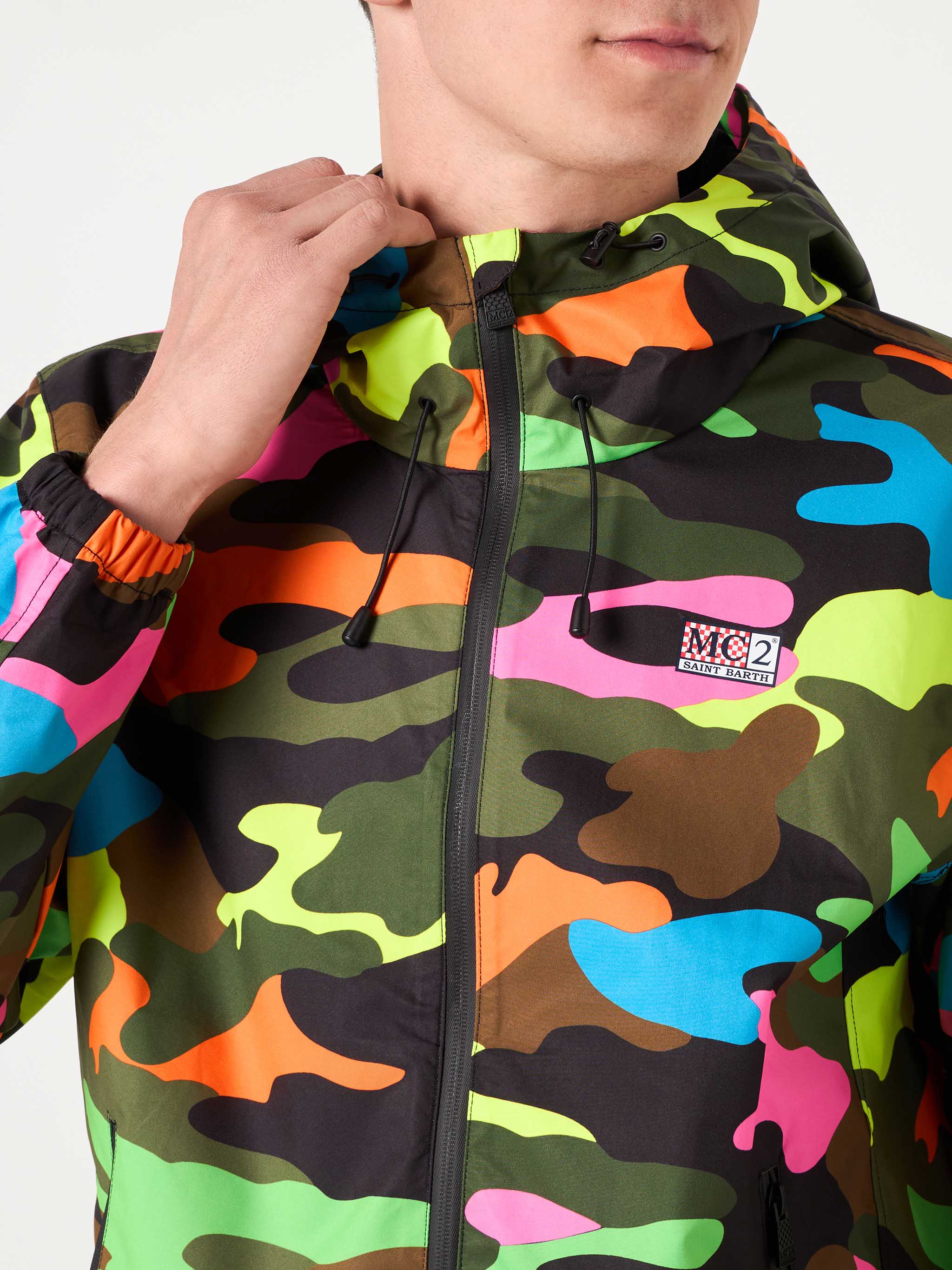 Man Hooded Lightweight Windbreaker With Camouflage Print Fluo Jacket