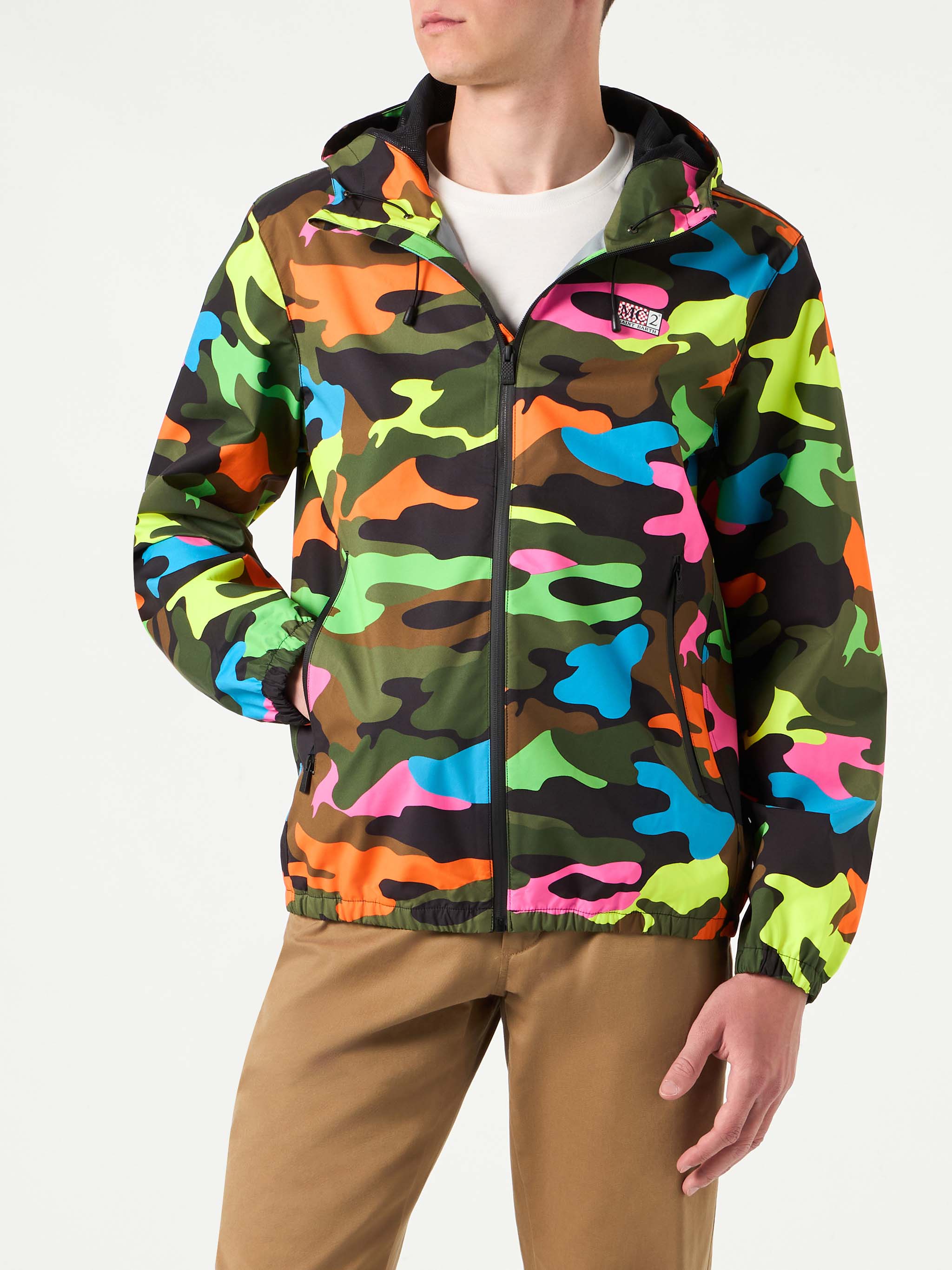 Man Hooded Lightweight Windbreaker With Camouflage Print Fluo Jacket