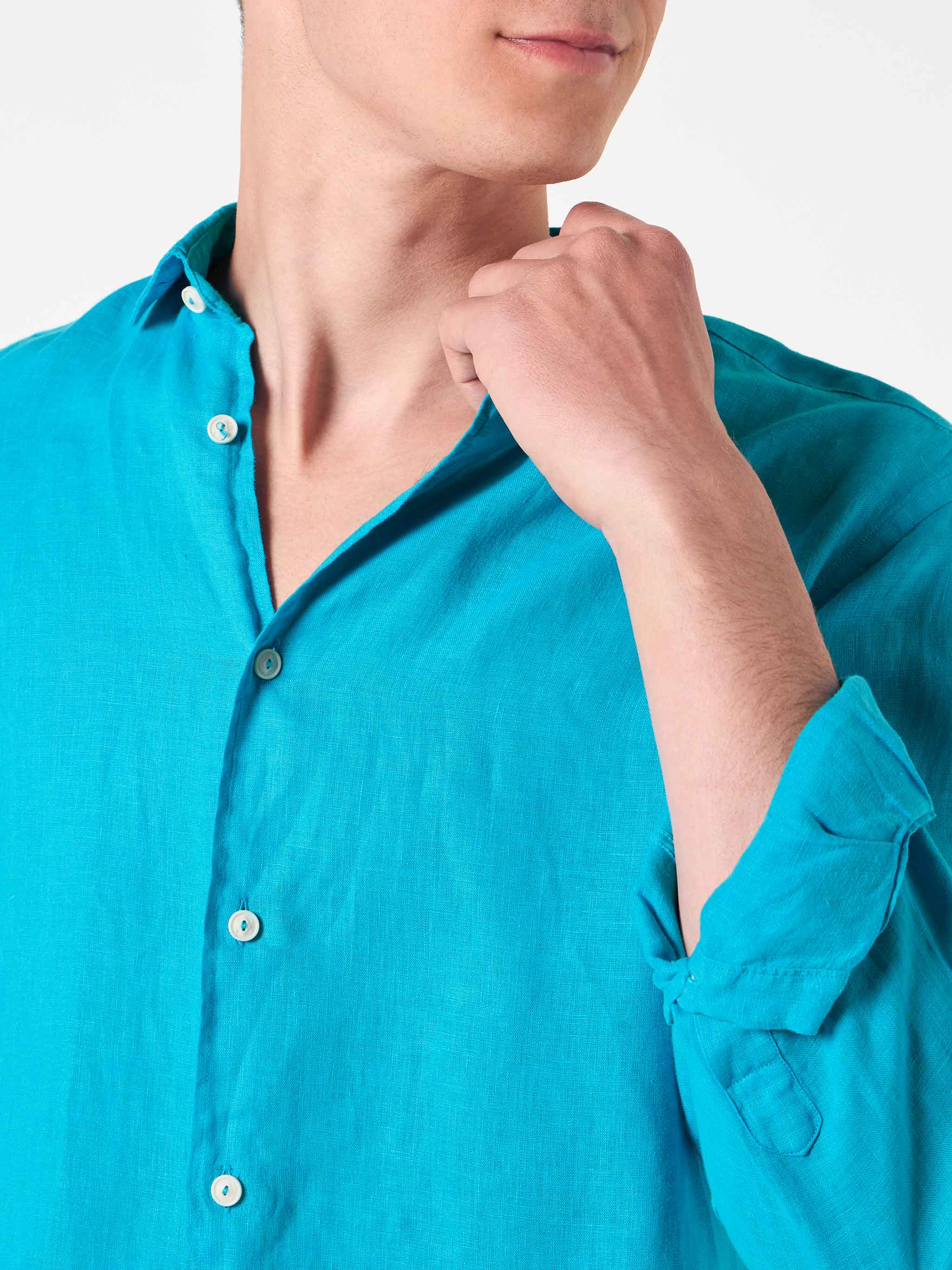 Man Turquoise Linen Pamplona Shirt Blue