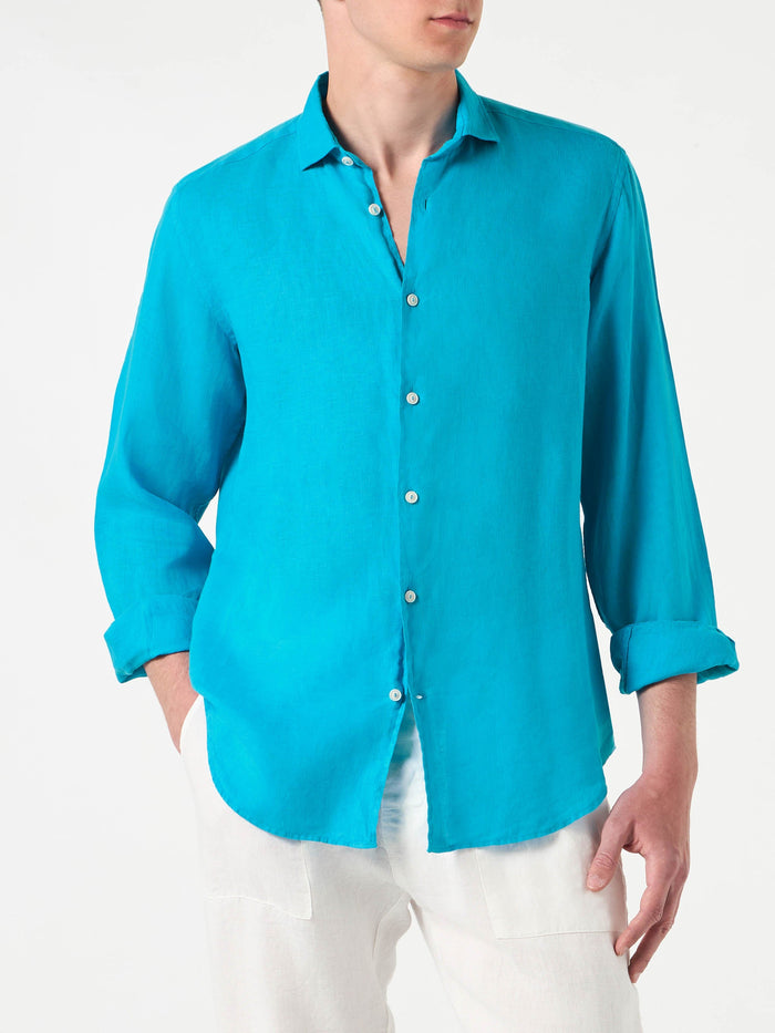 Man Turquoise Linen Pamplona Shirt Blue