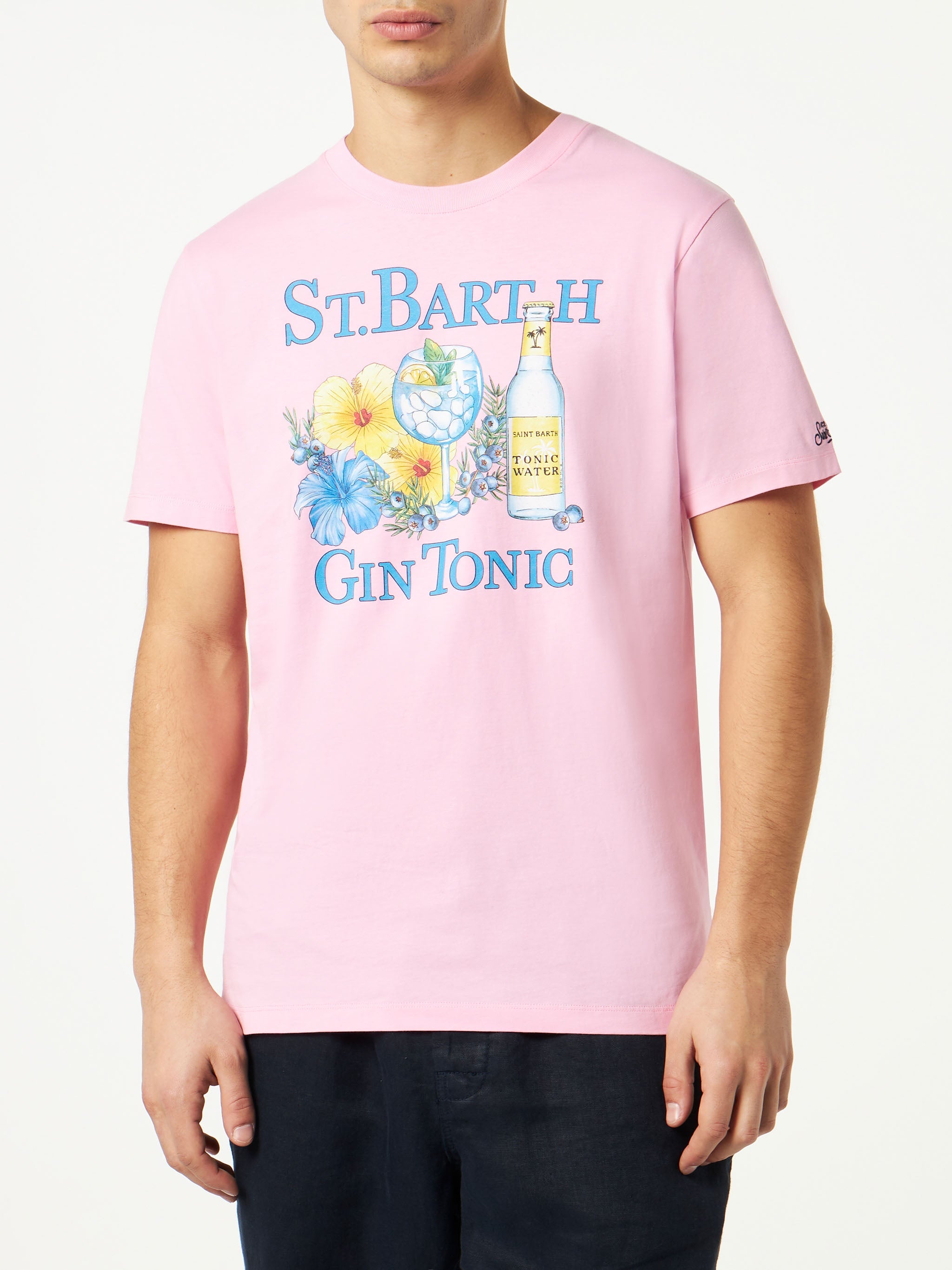 Man Cotton T-Shirt With Gin And Flower Print Pink