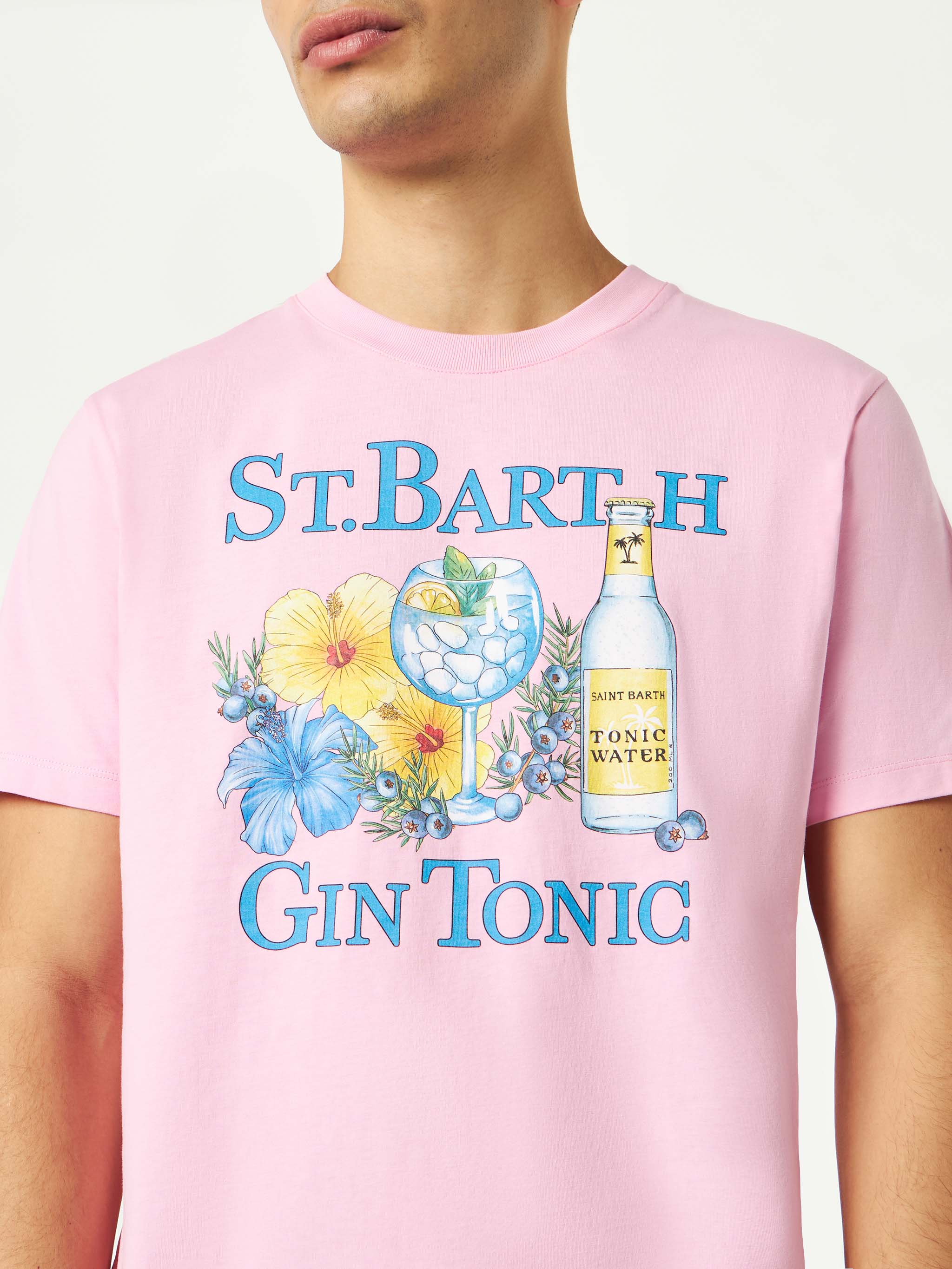 Man Cotton T-Shirt With Gin And Flower Print Pink