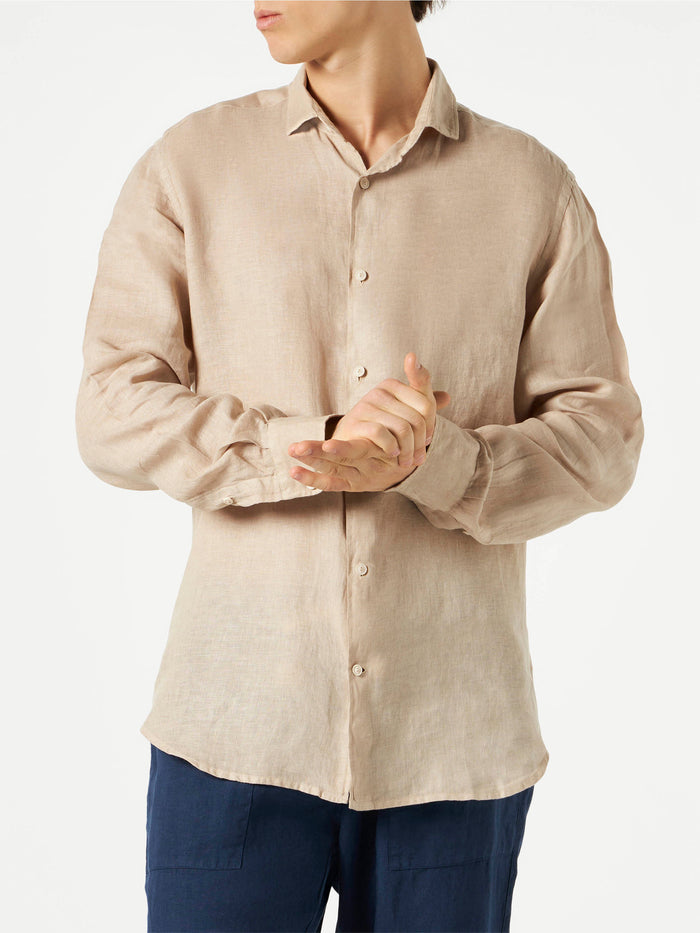 Man Beige Linen Pamplona Shirt White