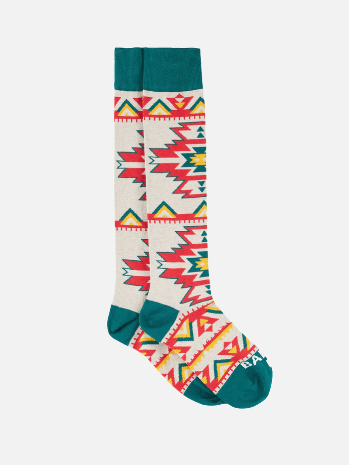 Man Long Socks With Red And Yellow Ethnic Pattern White