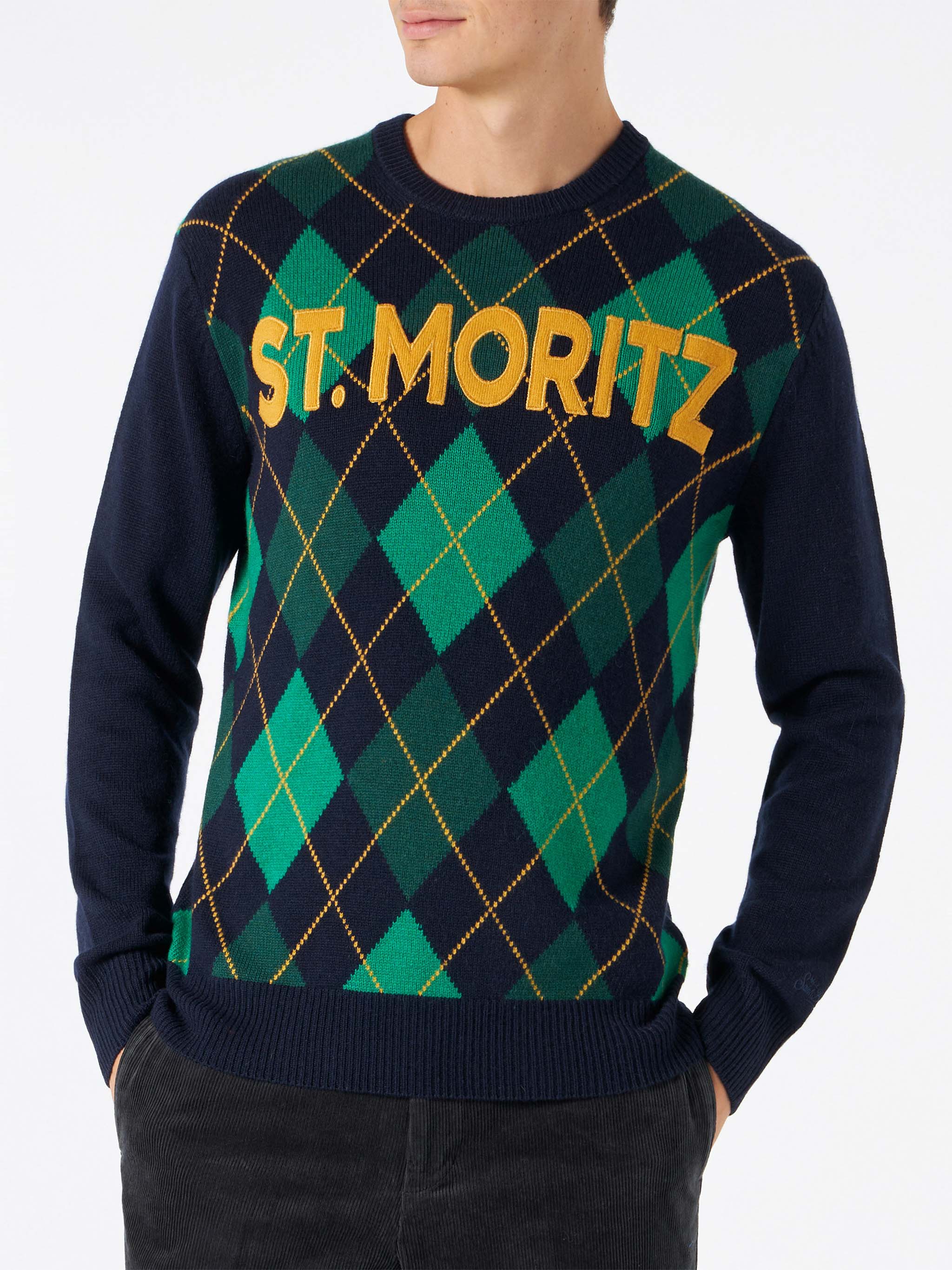 Crewneck Sweater Heron With Argyle Jacquard Blue