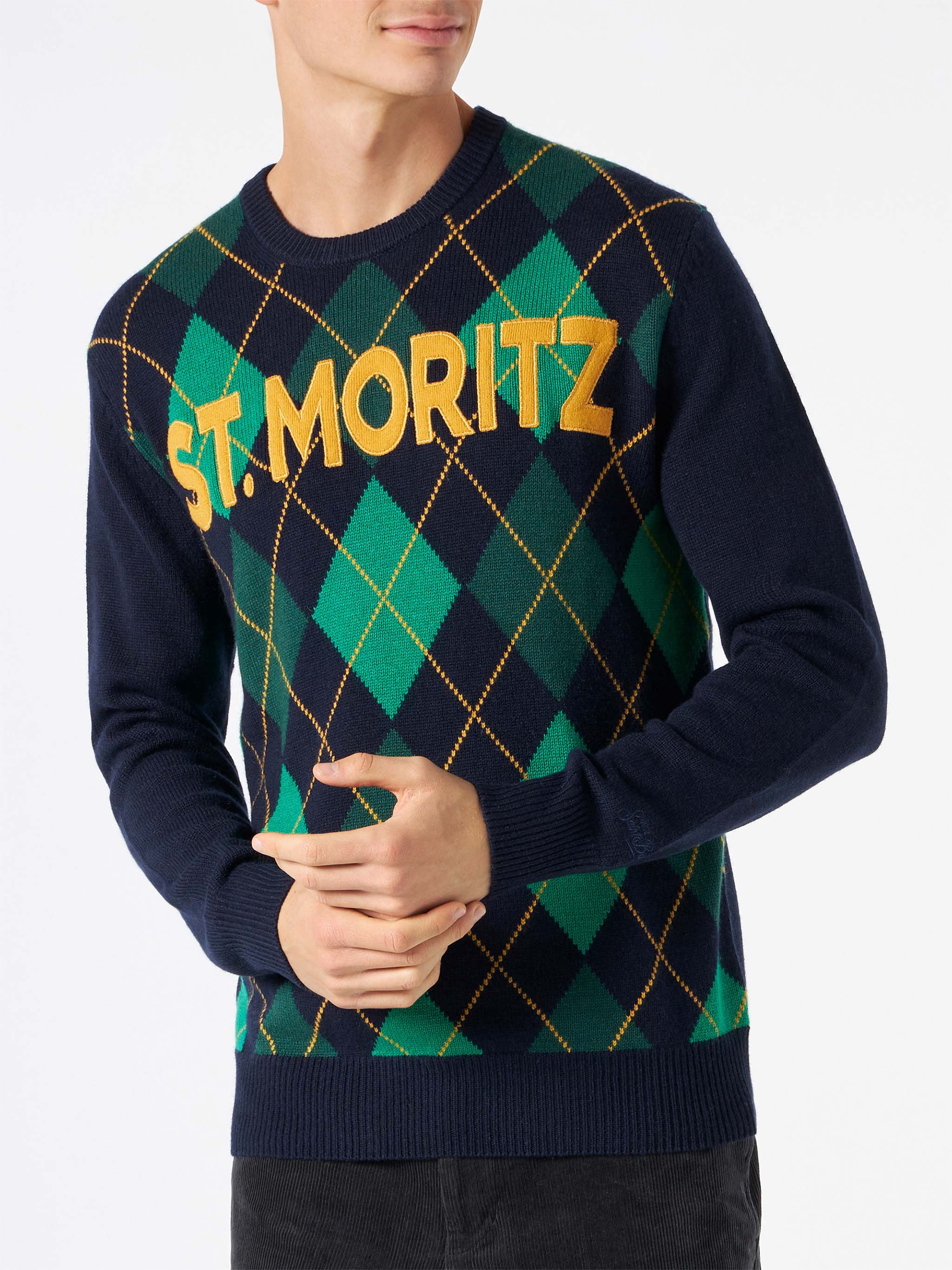 Crewneck Sweater Heron With Argyle Jacquard Blue