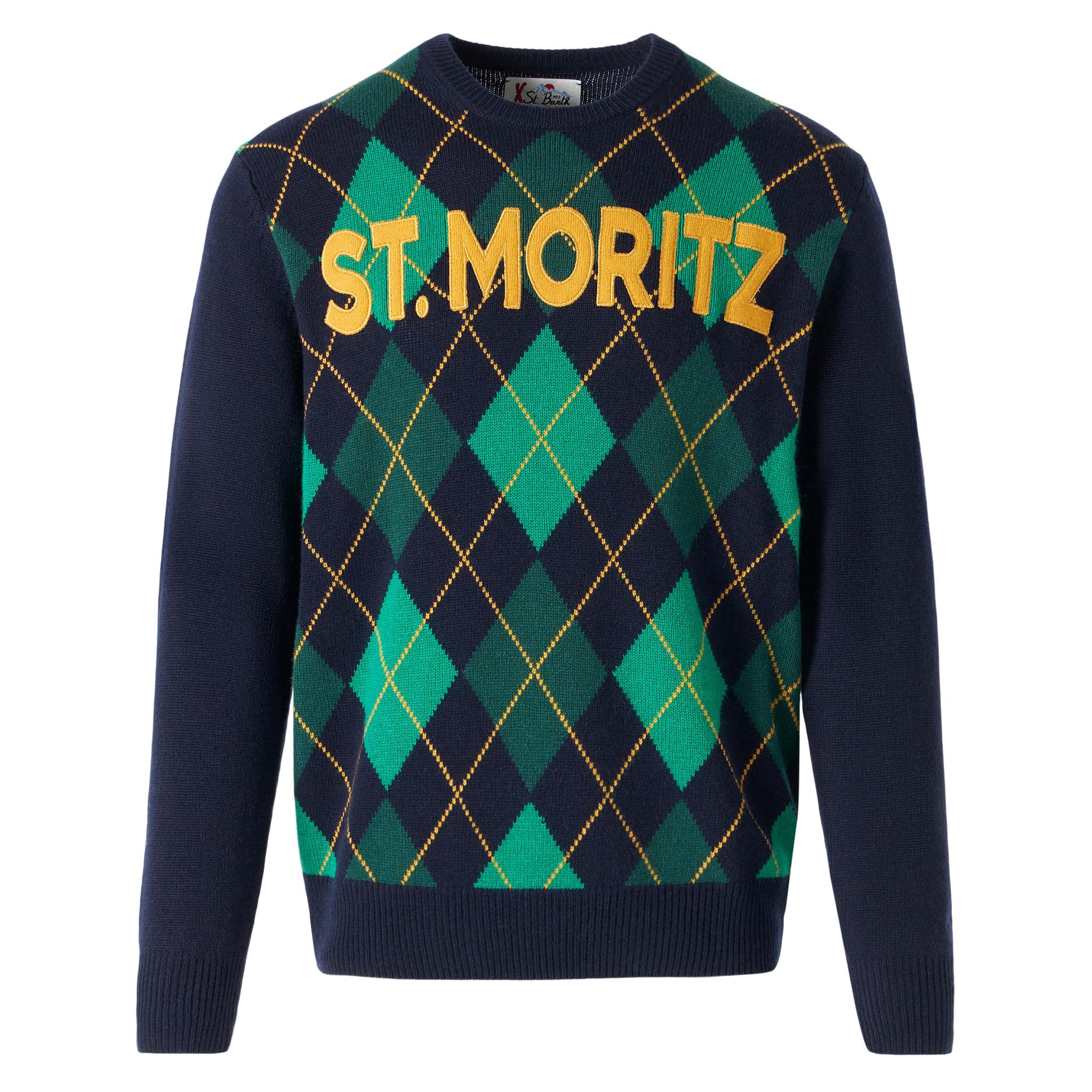 Crewneck Sweater Heron With Argyle Jacquard Blue