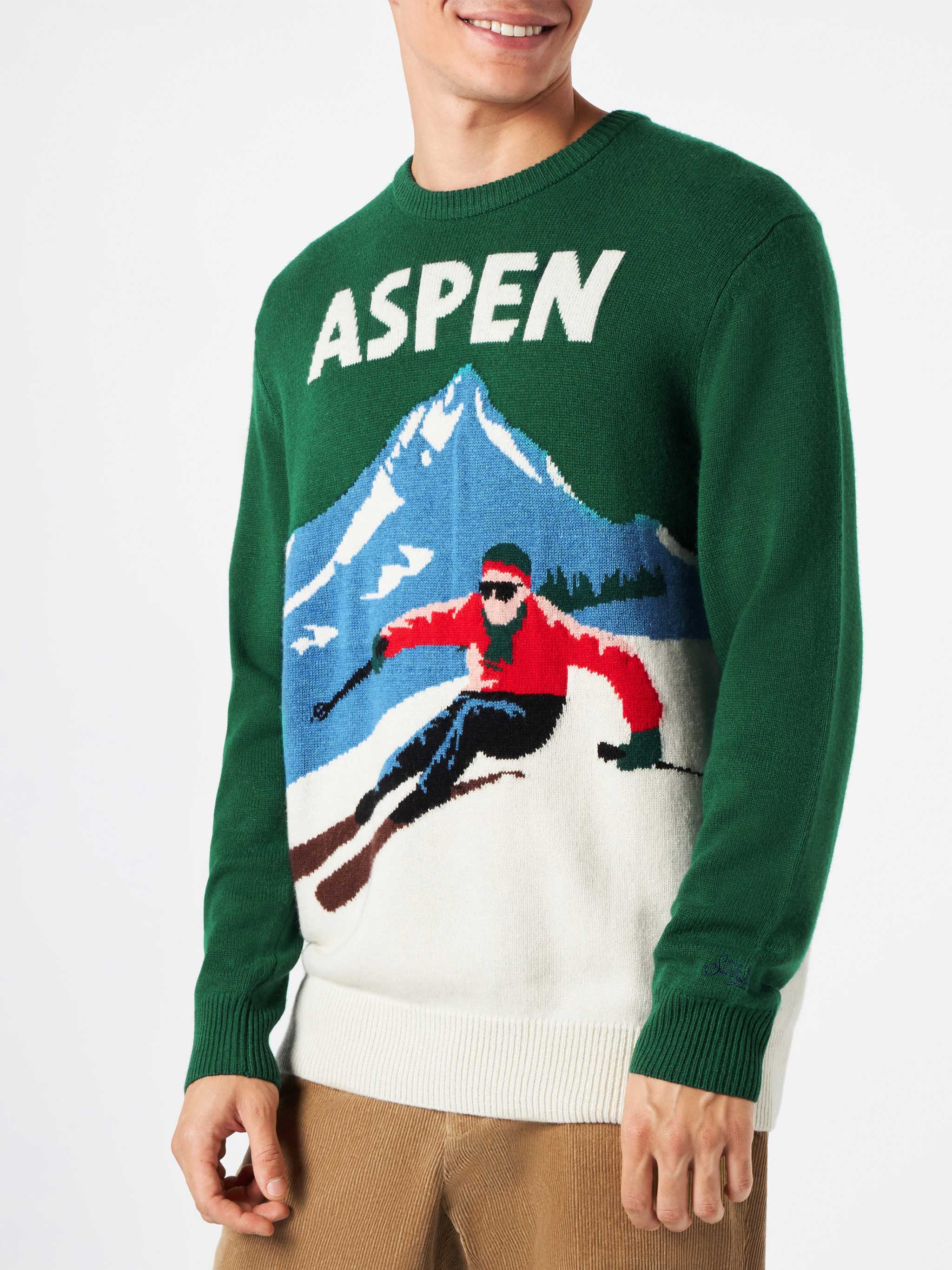 Crewneck Sweater Heron With Aspen Vintage Postcard Jacquard Green
