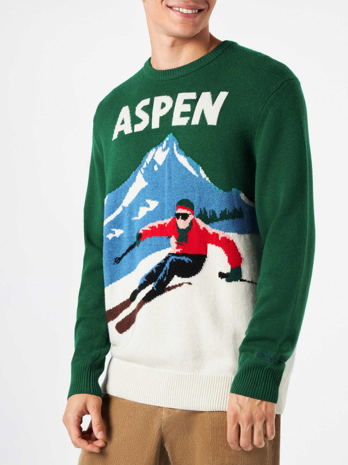 Crewneck Sweater Heron With Aspen Vintage Postcard Jacquard Green