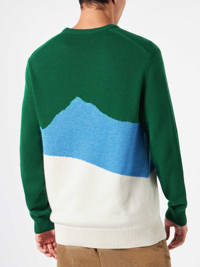 Crewneck Sweater Heron With Aspen Vintage Postcard Jacquard Green