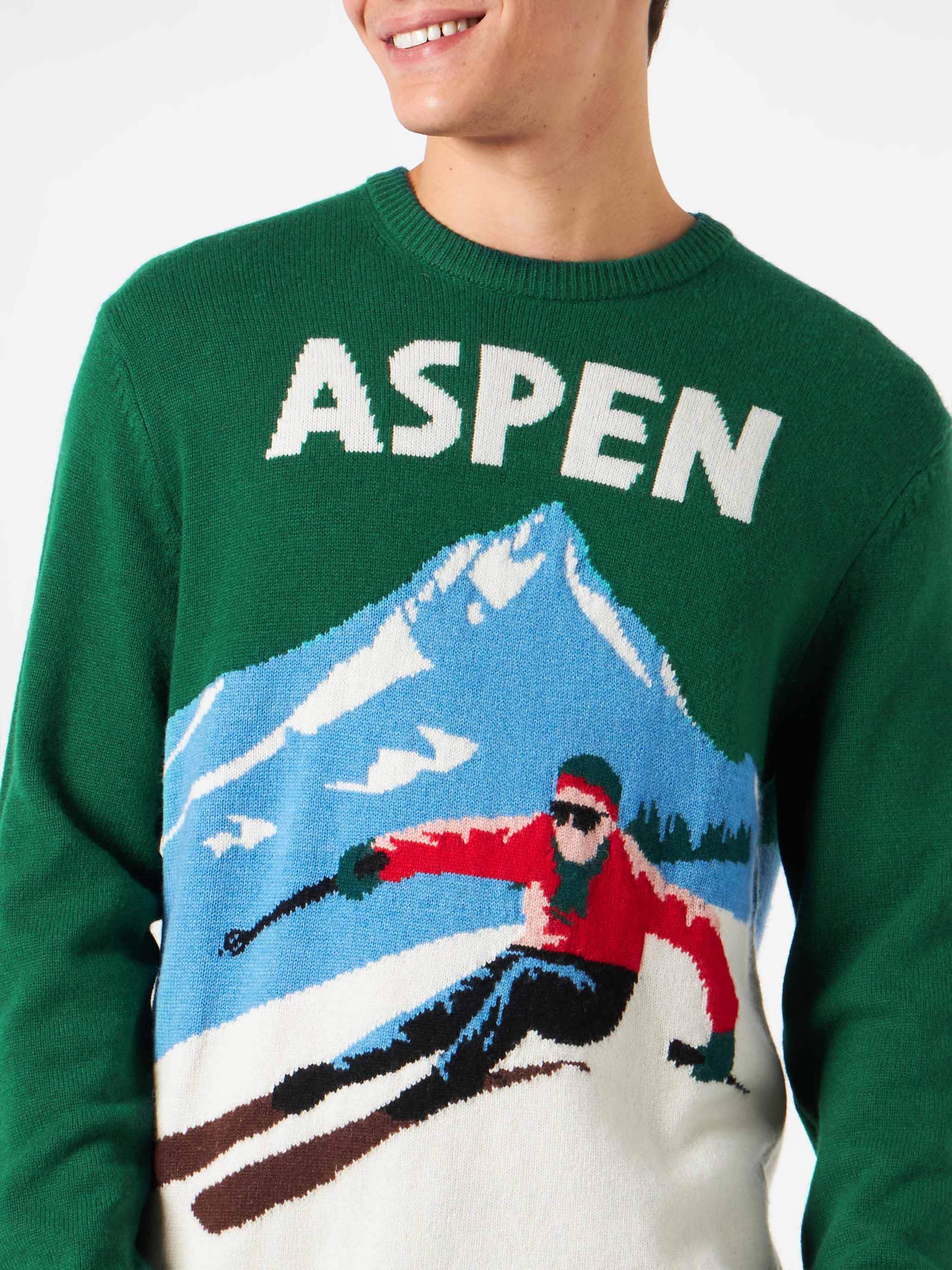 Crewneck Sweater Heron With Aspen Vintage Postcard Jacquard Green