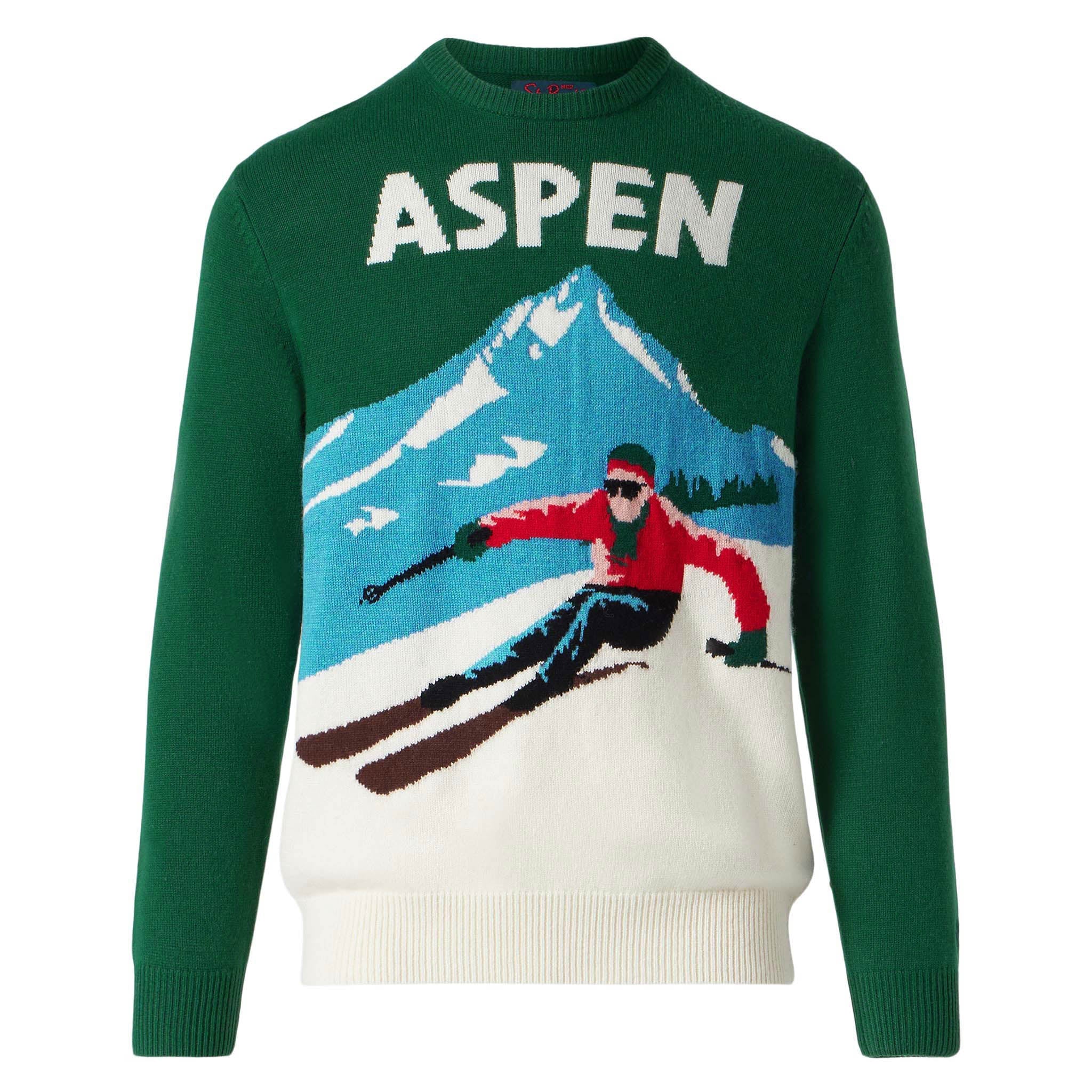 Crewneck Sweater Heron With Aspen Vintage Postcard Jacquard Green
