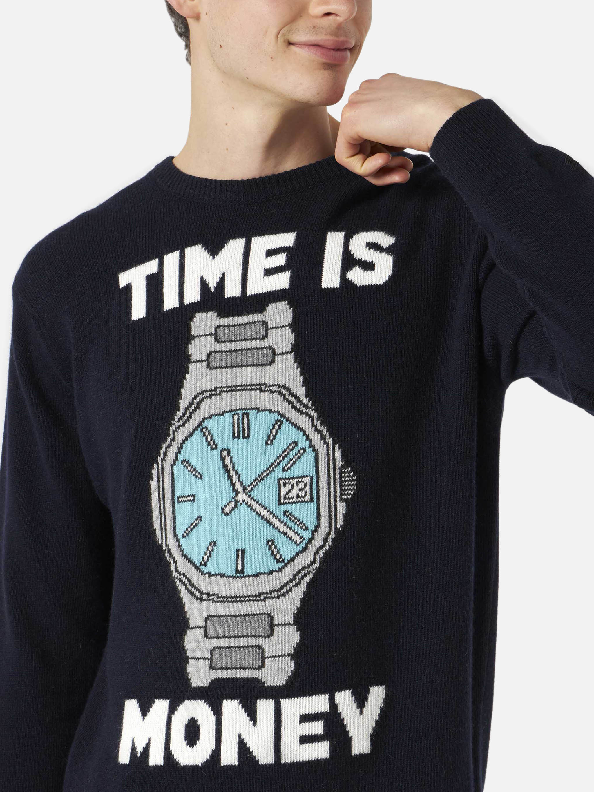 Man Sweater With Time Is Money Embroidery Blue