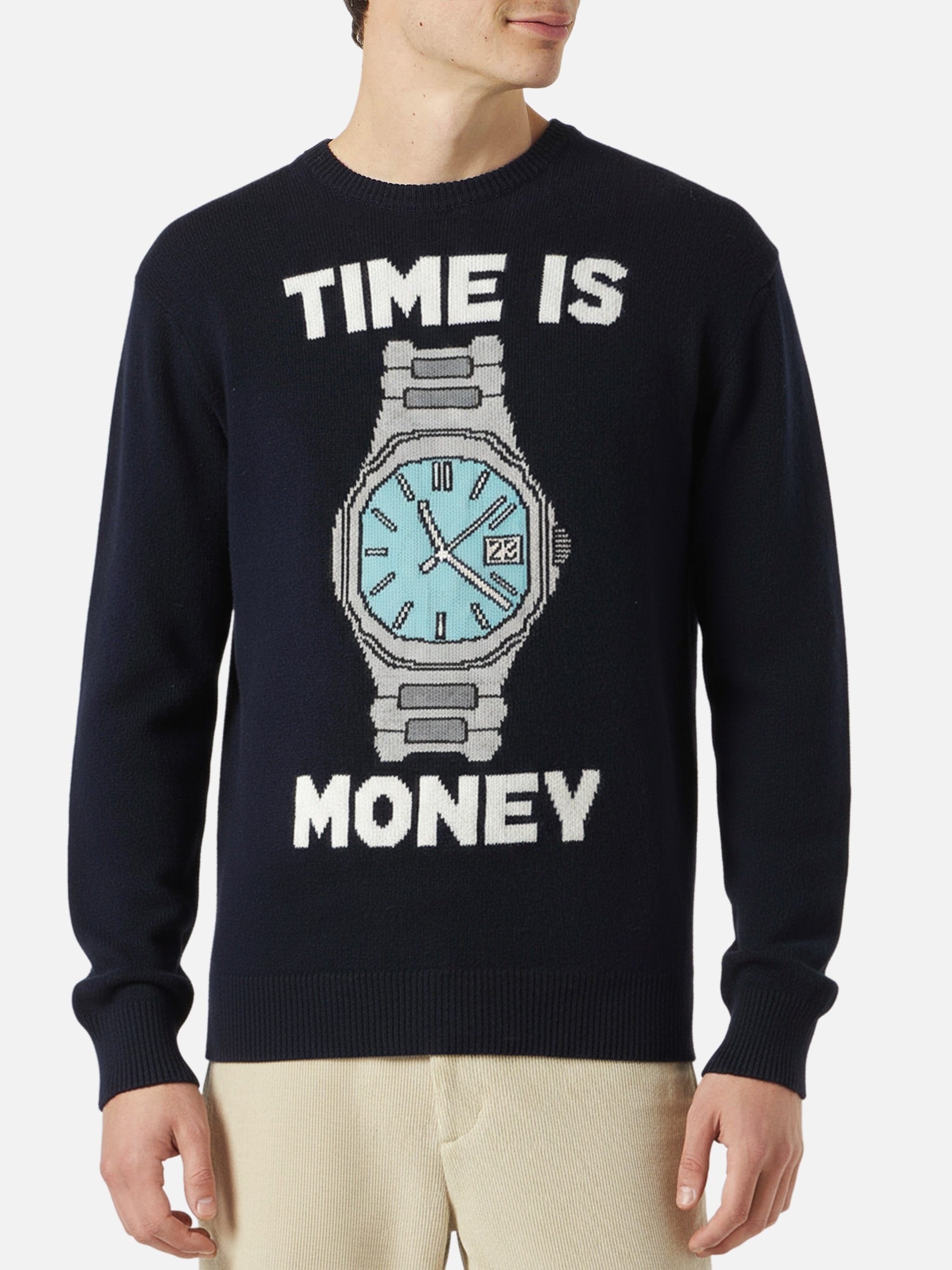 Man Sweater With Time Is Money Embroidery Blue