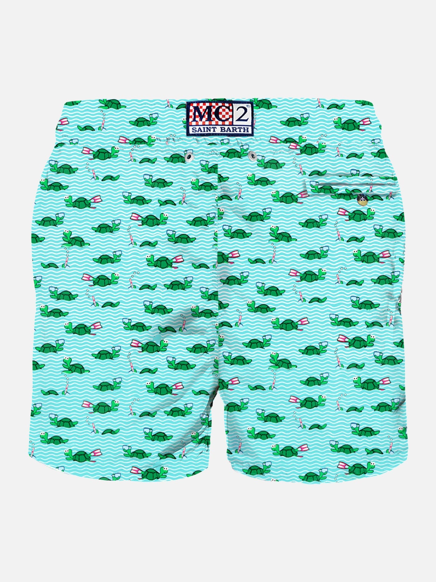 Man Light Fabric Swim Shorts With Swimmer Turtle Print Sky Swimshort