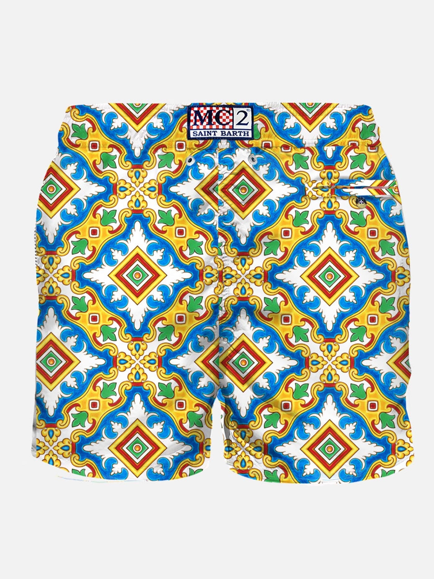 Man Light Fabric Swim Shorts With Maiolica Print White Swimshort
