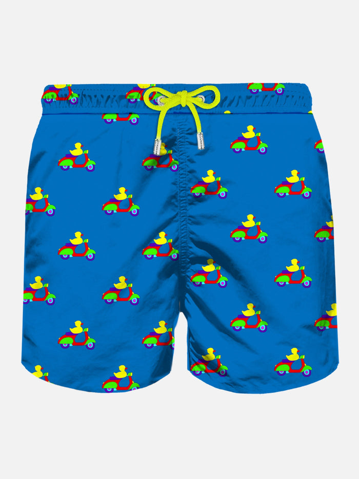 Man Light Fabric Swim Shorts With Rider Ducks Print | Marco Lodola Art Special Edition Blue Swimshort