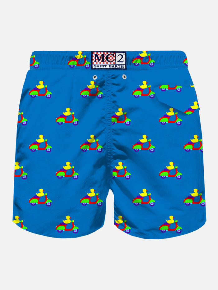Man Light Fabric Swim Shorts With Rider Ducks Print | Marco Lodola Art Special Edition Blue Swimshort