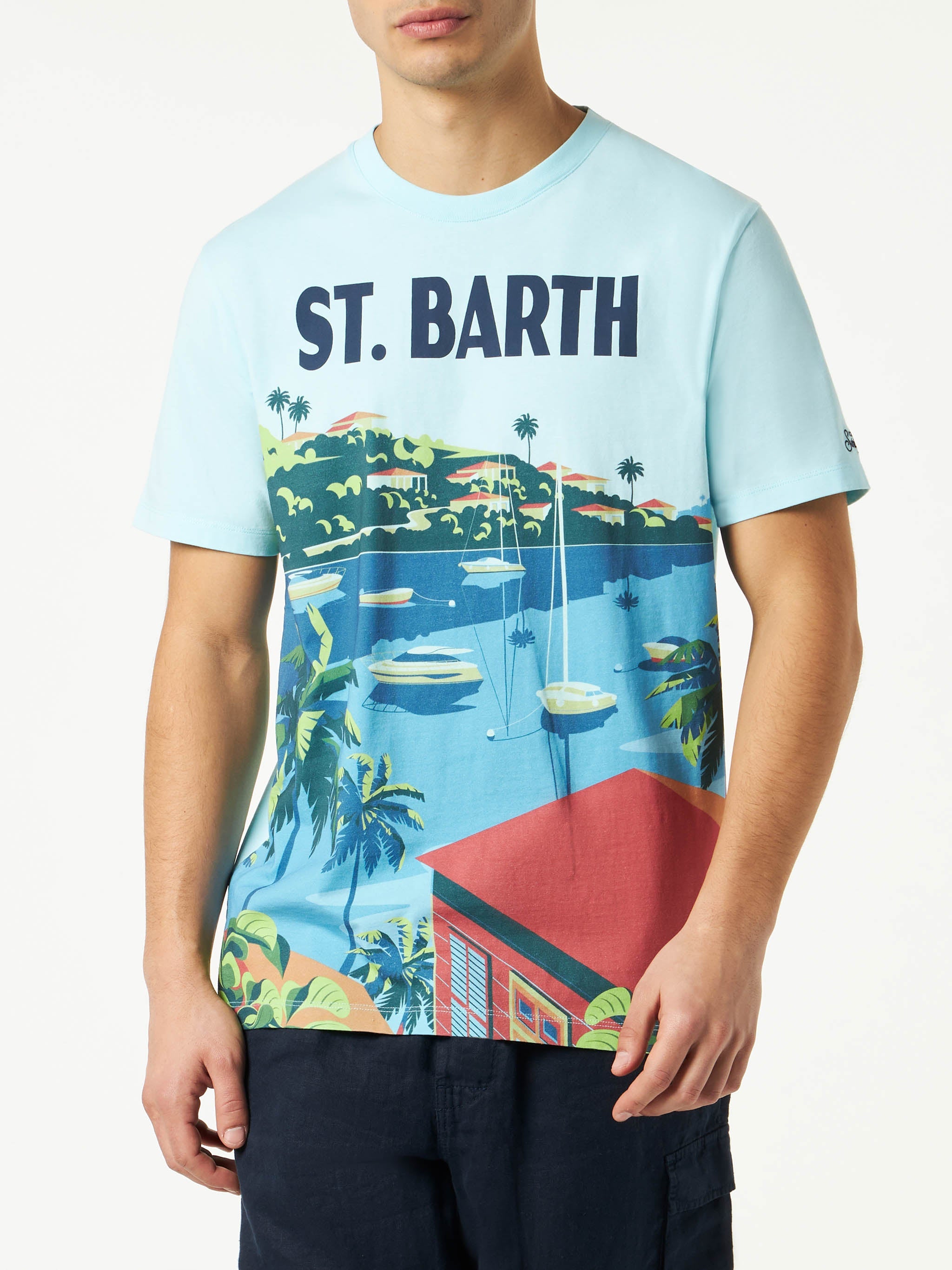 Man Cotton T-Shirt With Saint Barth Postcard Print Green