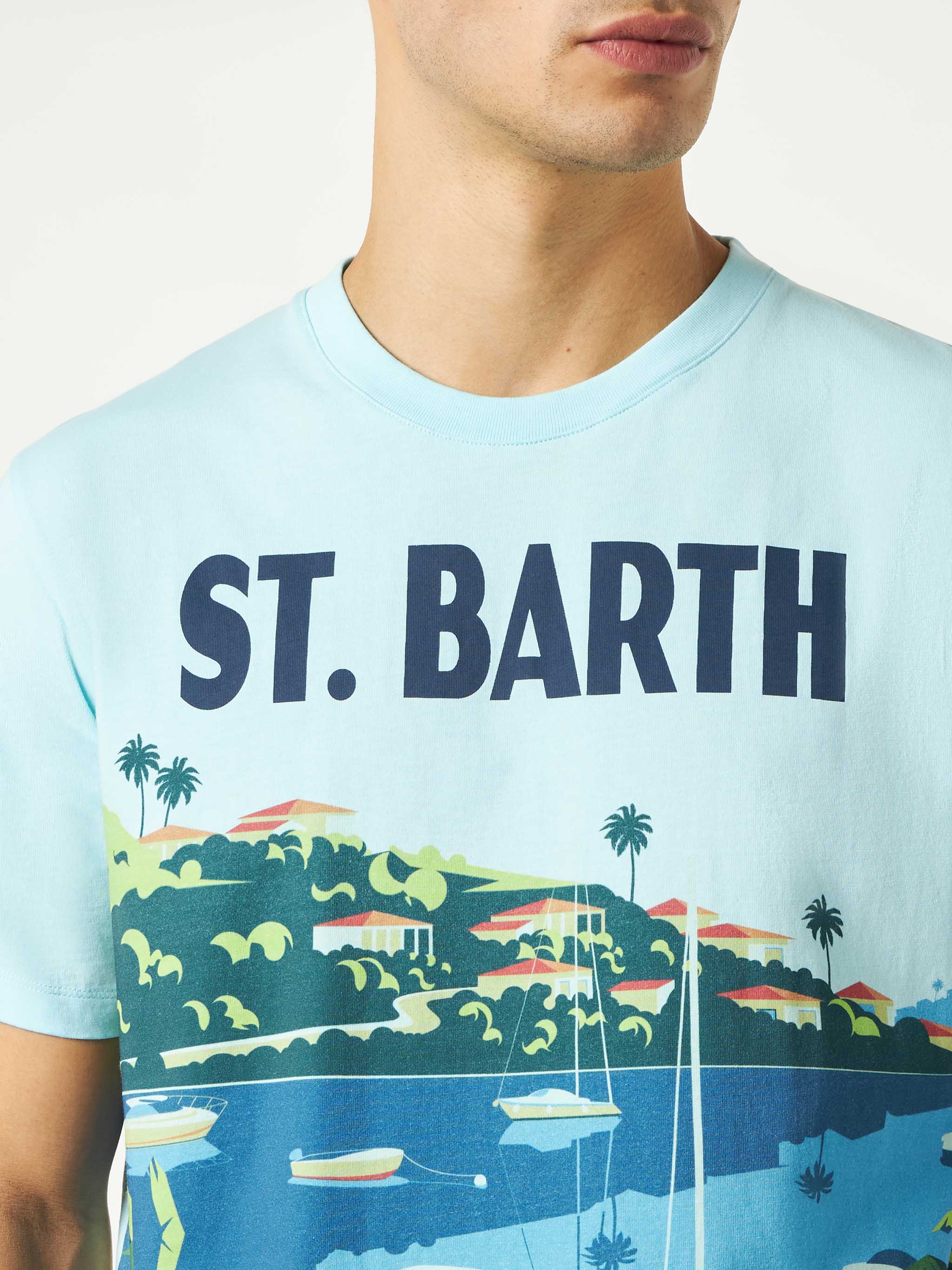 Man Cotton T-Shirt With Saint Barth Postcard Print Green
