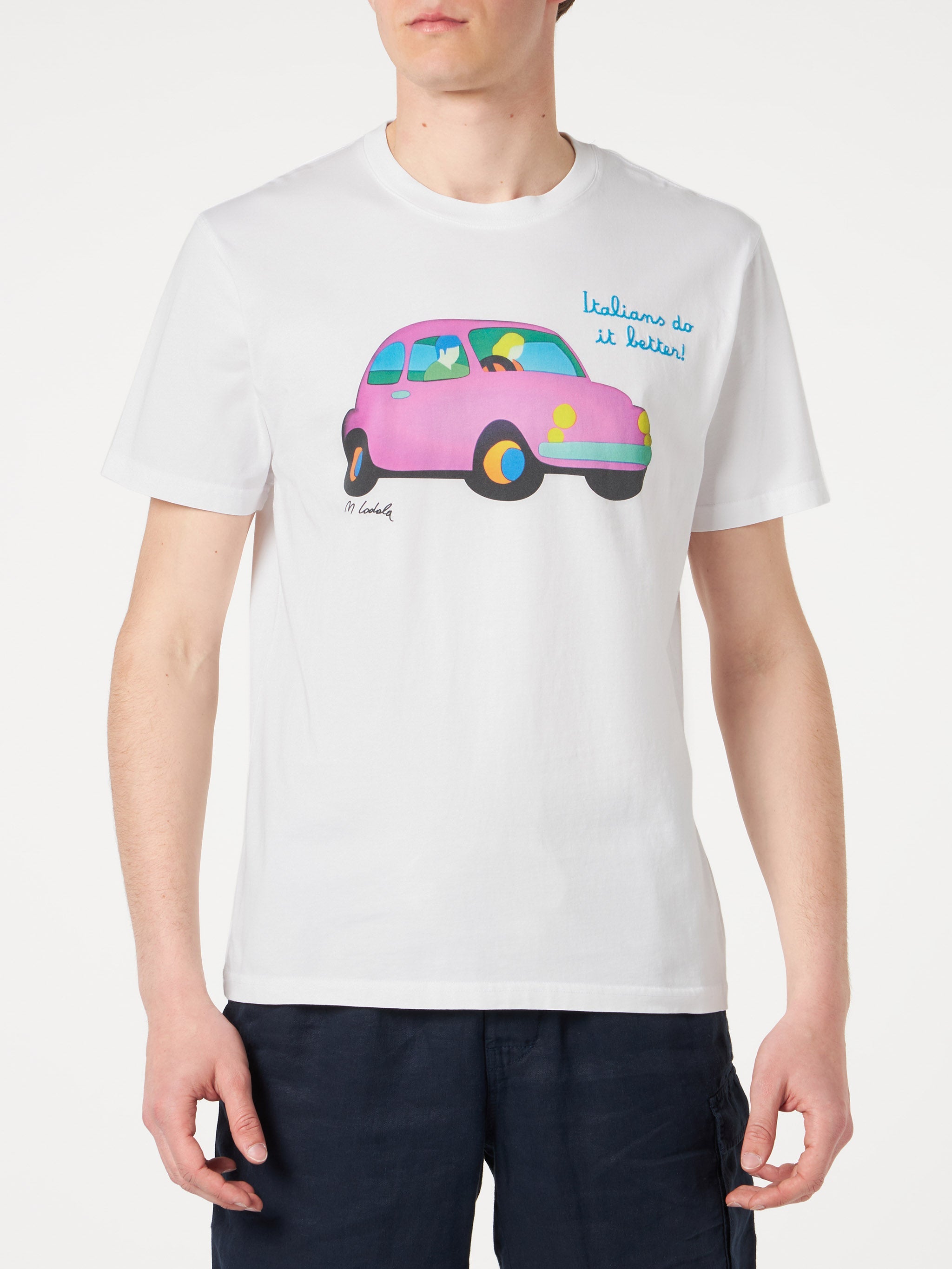 Man Cotton T-Shirt With Lodola Car Print | Marco Art Special Edition White