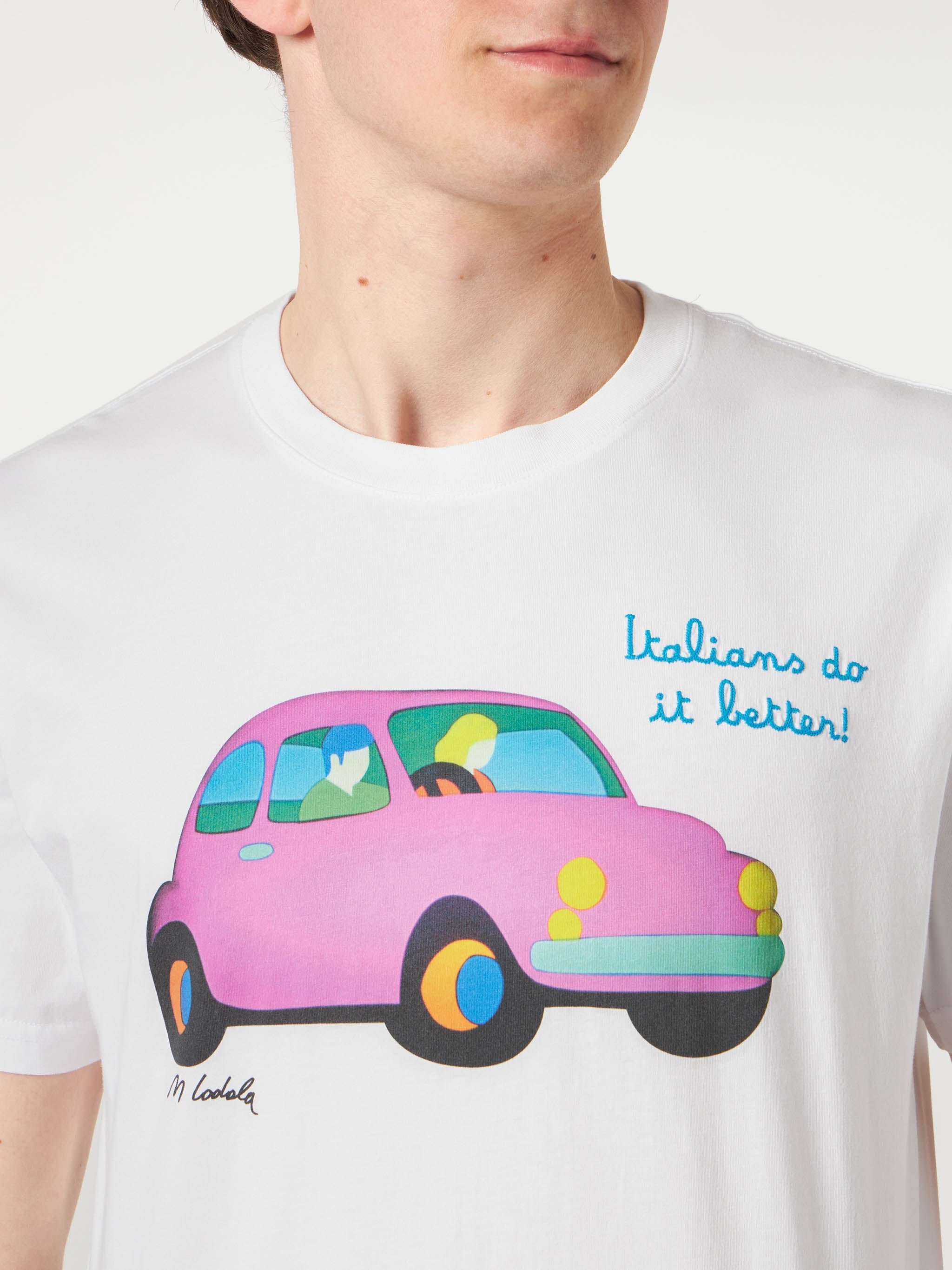 Man Cotton T-Shirt With Lodola Car Print | Marco Art Special Edition White
