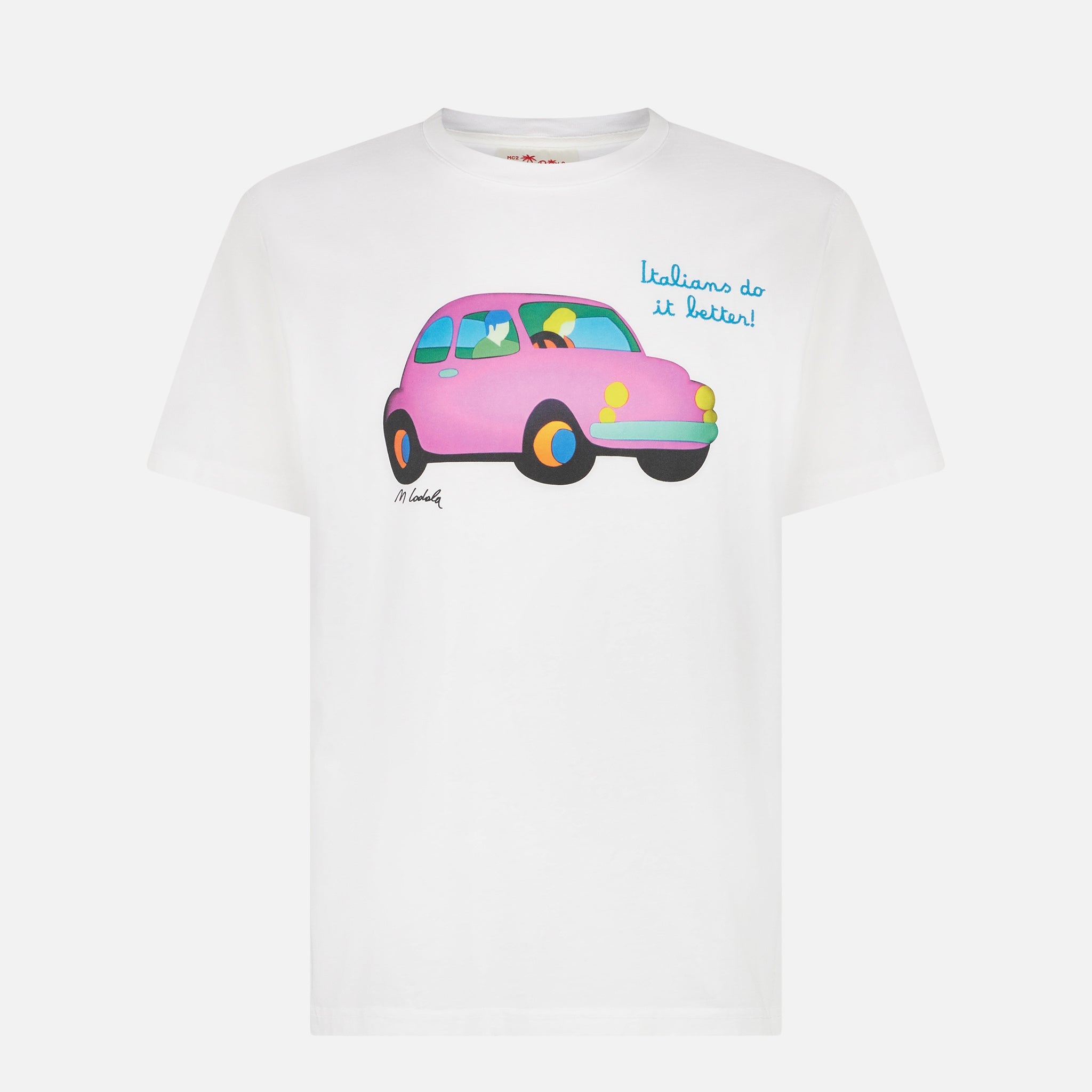 Man Cotton T-Shirt With Lodola Car Print | Marco Art Special Edition White