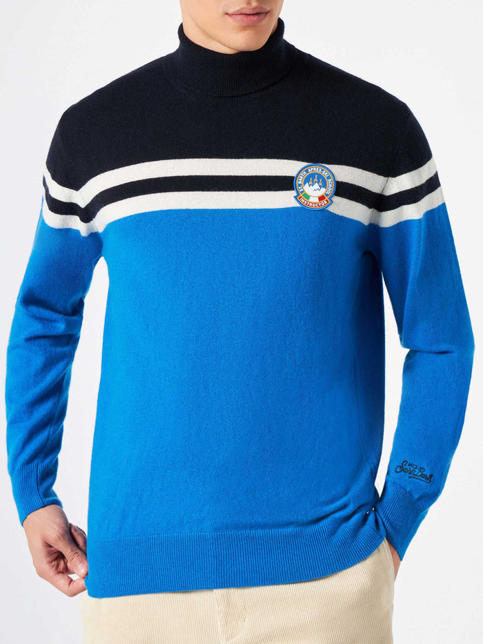 Turtleneck Sweater Blended Cashmere With Patch Blue