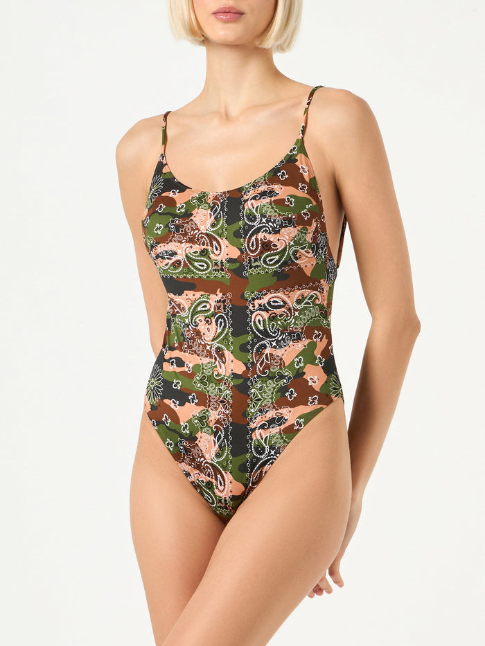 Mimetic Bandanna Print One Piece Swimsuit Grey
