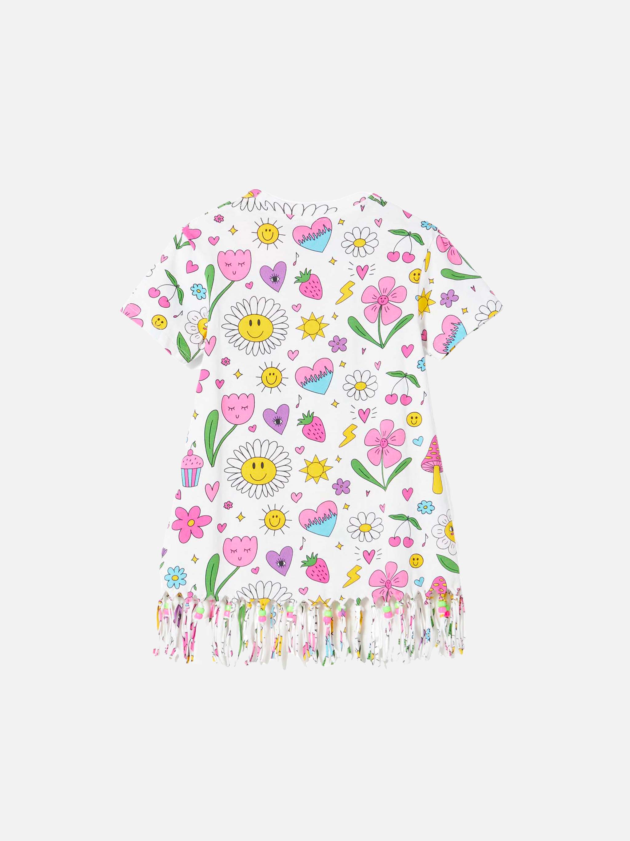 Girl White Cotton Dress With Print And Charms