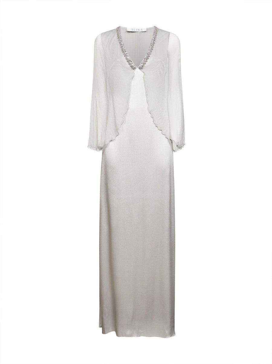 Pearl Grey Satin Long Dress With Chiffon Cape Silk