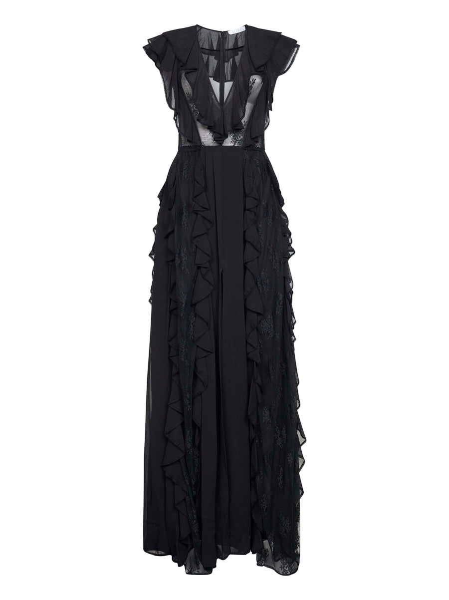 Black Georgette Long Dress With Lace Inserts Viscose