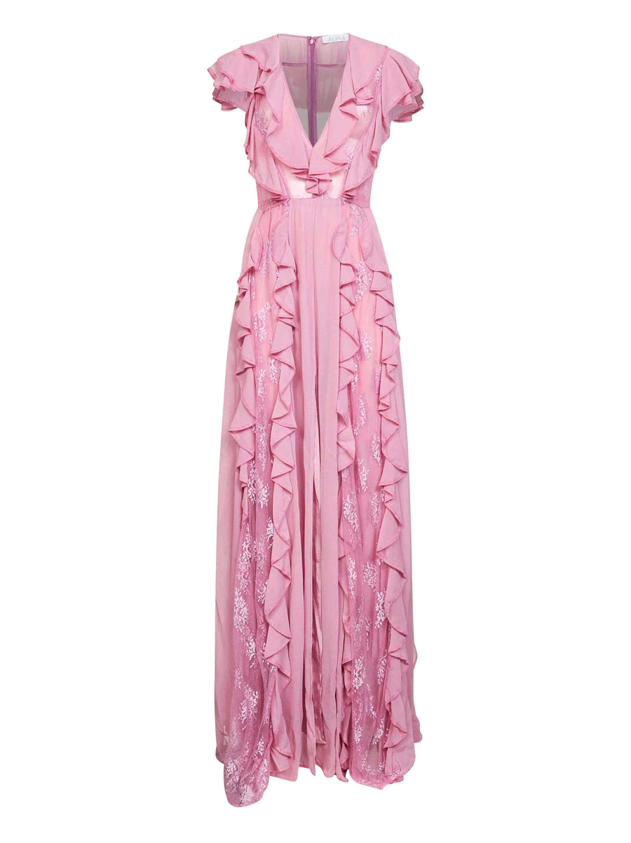Pink Georgette Long Dress With Lace Inserts Viscose