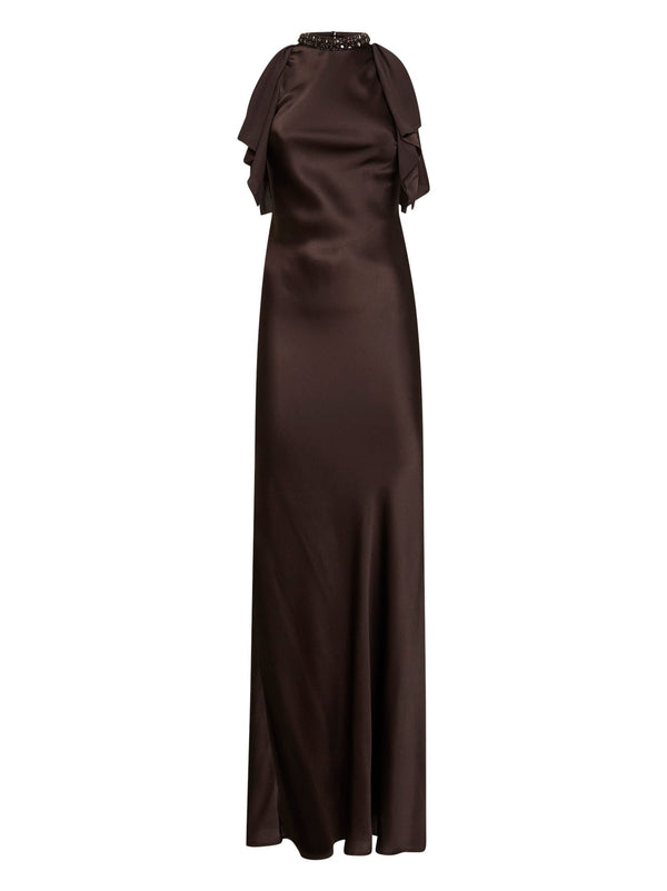 Dark Brown Satin Crystal-Embellished Long Dress Acrylic