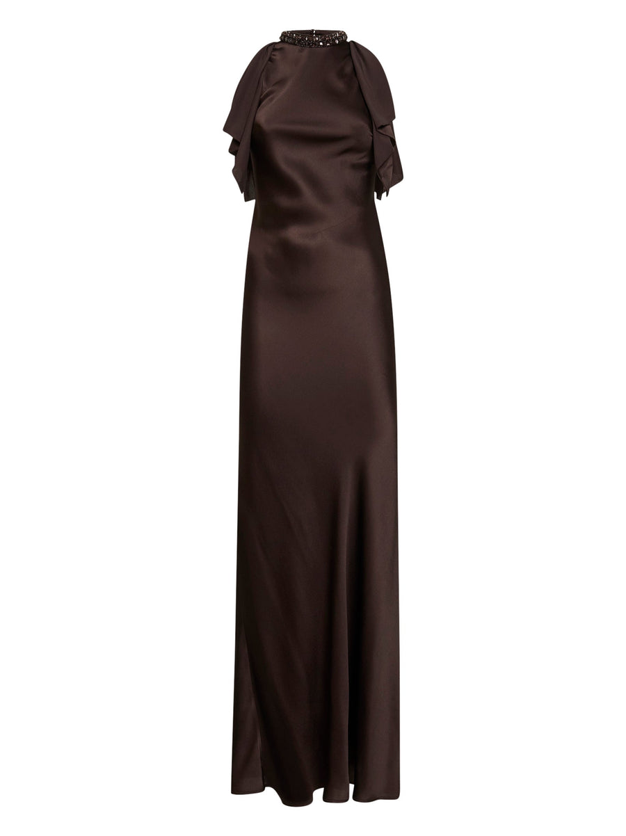 Dark Brown Satin Crystal-Embellished Long Dress Acrylic