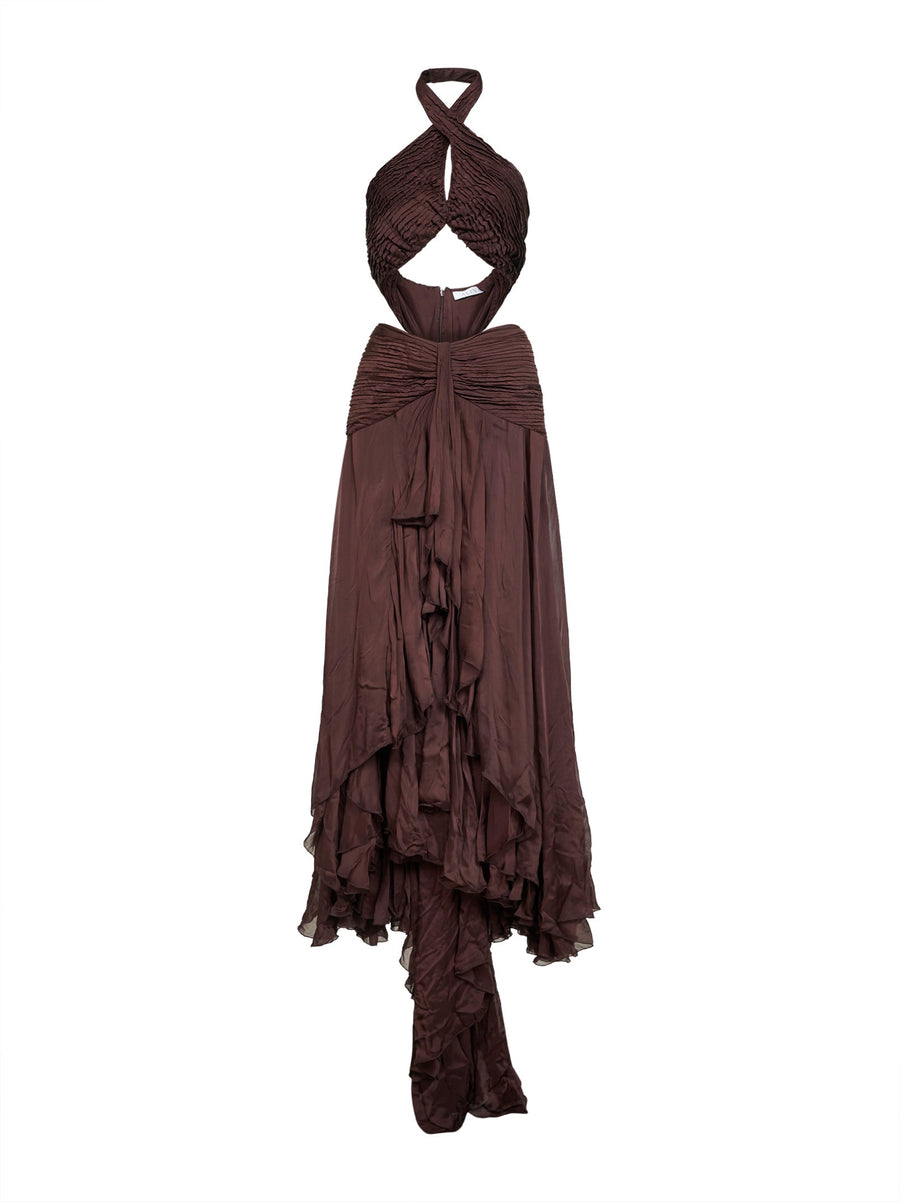 Chocolate Chiffon Long Cut-Out Dress Brown Viscose