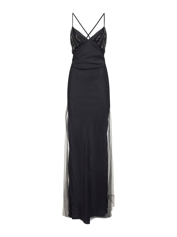 Black Tulle Long Dress With Embroidered Cups Polyamide