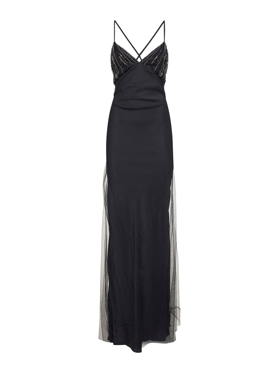 Black Tulle Long Dress With Embroidered Cups Polyamide