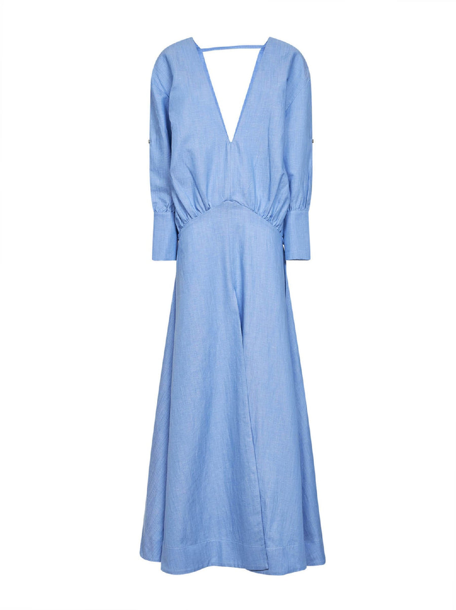 Long Flared Cotton Dress Light Blue
