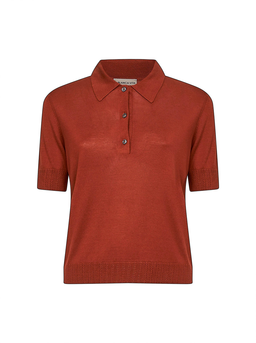 Brown Silk Knit Short-Sleeved Polo Shirt Tops