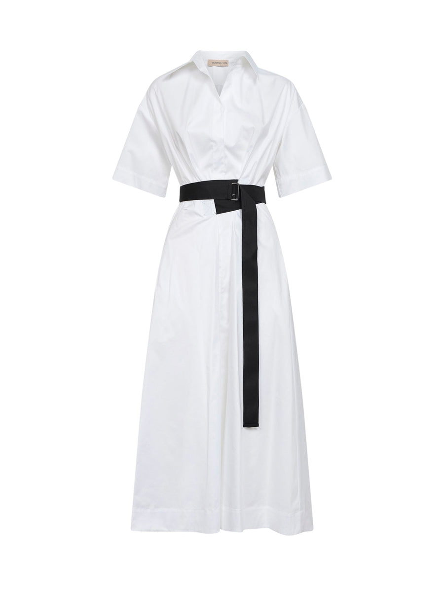 White Stretch Poplin Belted Midi Dress Cotton