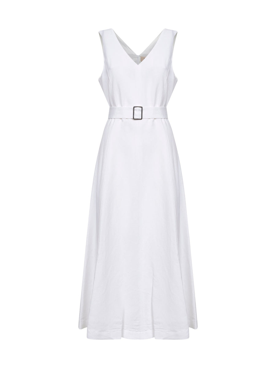 Midi Dress Belted White Viscose-Linen